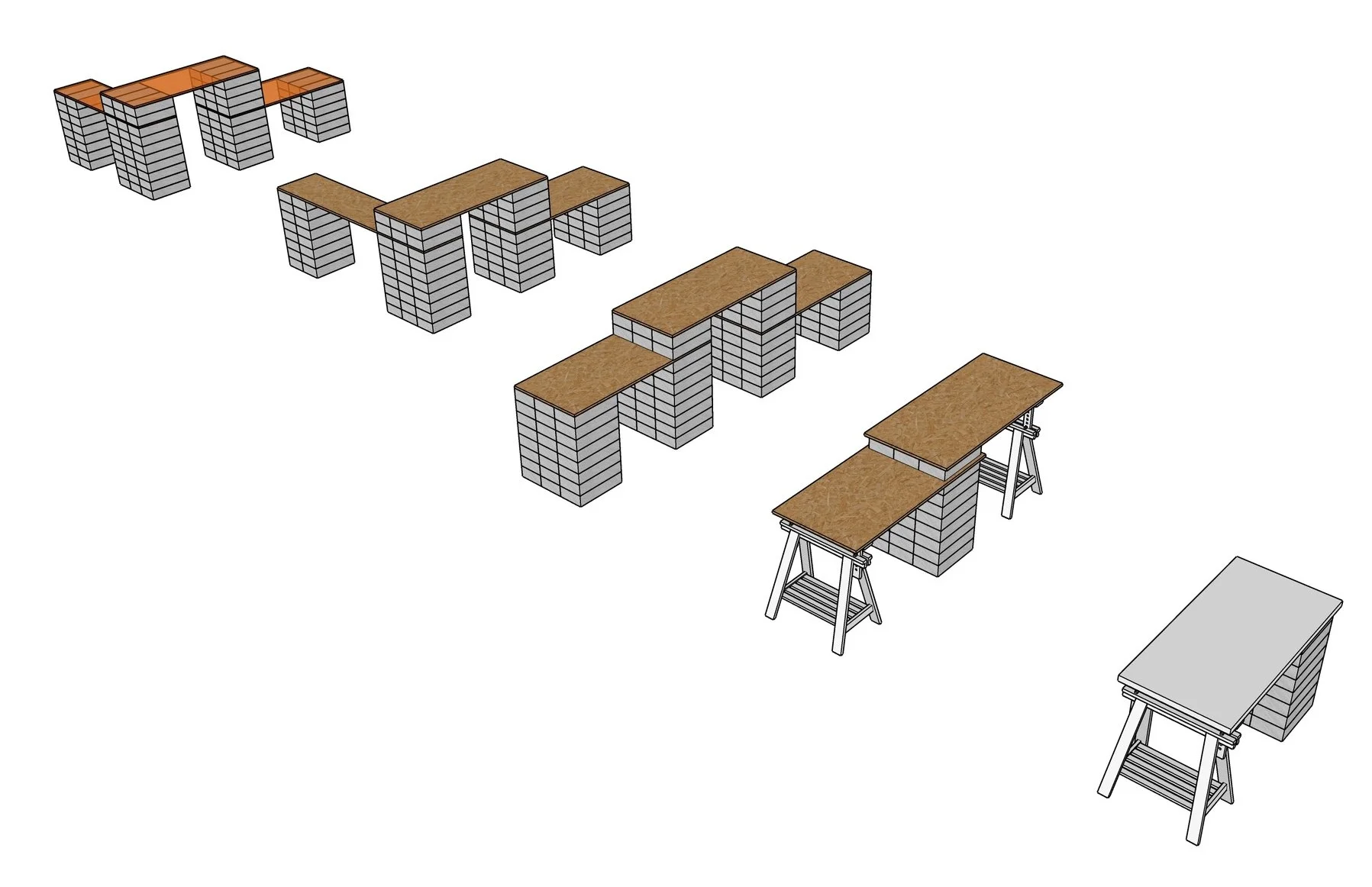 CAD image showing the breakdown of each of the furniture elements, how they would be assembled and what material matches with which piece.