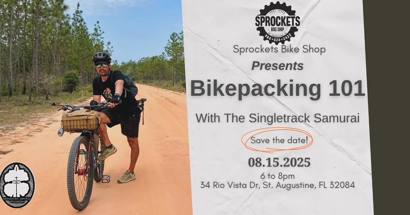 Coming to you live August 15th at Sprockets Bicycle Shop in Saint Augustine✌🏽. I&rsquo;m excited to open up about my personal bikepacking journey! During this session, I&rsquo;ll recount tales from the amazing destinations I&rsquo;ve visited, the fo