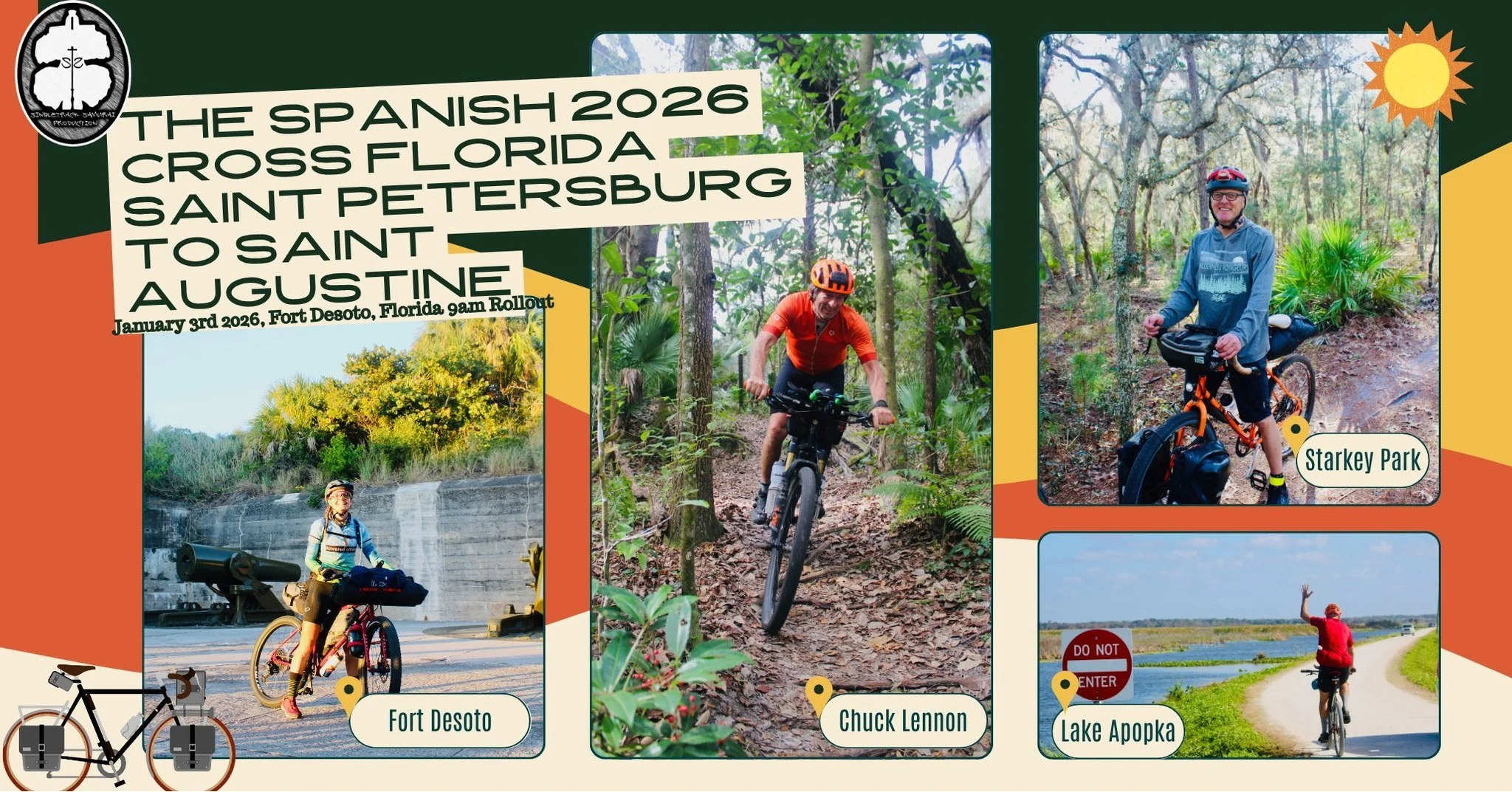 Hello and Good Day Fellow Adventurers,
Registration is LIVE for the 2026 Spanish Coast to Coast Bikepacking Ultra!

The Spanish is a coast-to-coast, mostly off-road bikepacking route that takes riders from Fort DeSoto to Castillo De San Marcos.

This