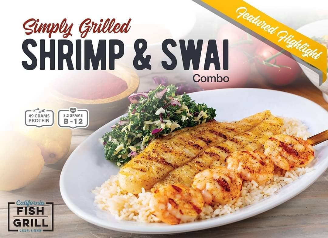 Did you know California Fish Grill has a variety of combos to choose from!?! Stop by today to try the Shrimp &amp; Swai Fish Combo for a limited time only (Juicy shrimp skewer paired with a moderately firm white fish, lightly seasoned and flame grill