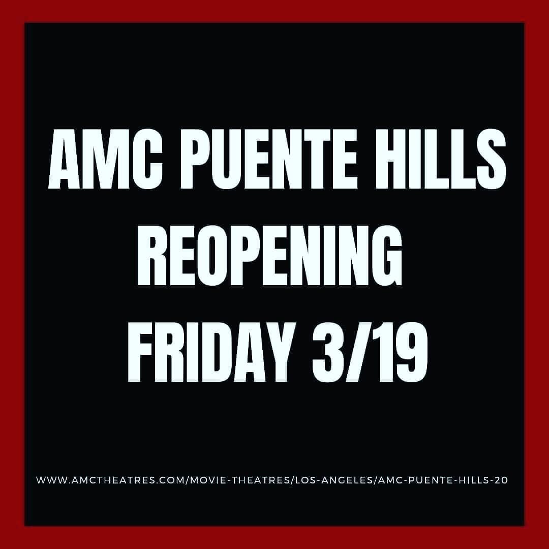 We are excited to announce that AMC Puente HIlls 20, will reopen 3/19!  Please ensure to visit their website to purchase your tickets and follow all guidelines provided by AMC and the mall. Mask required and must be worn at all times while inside the