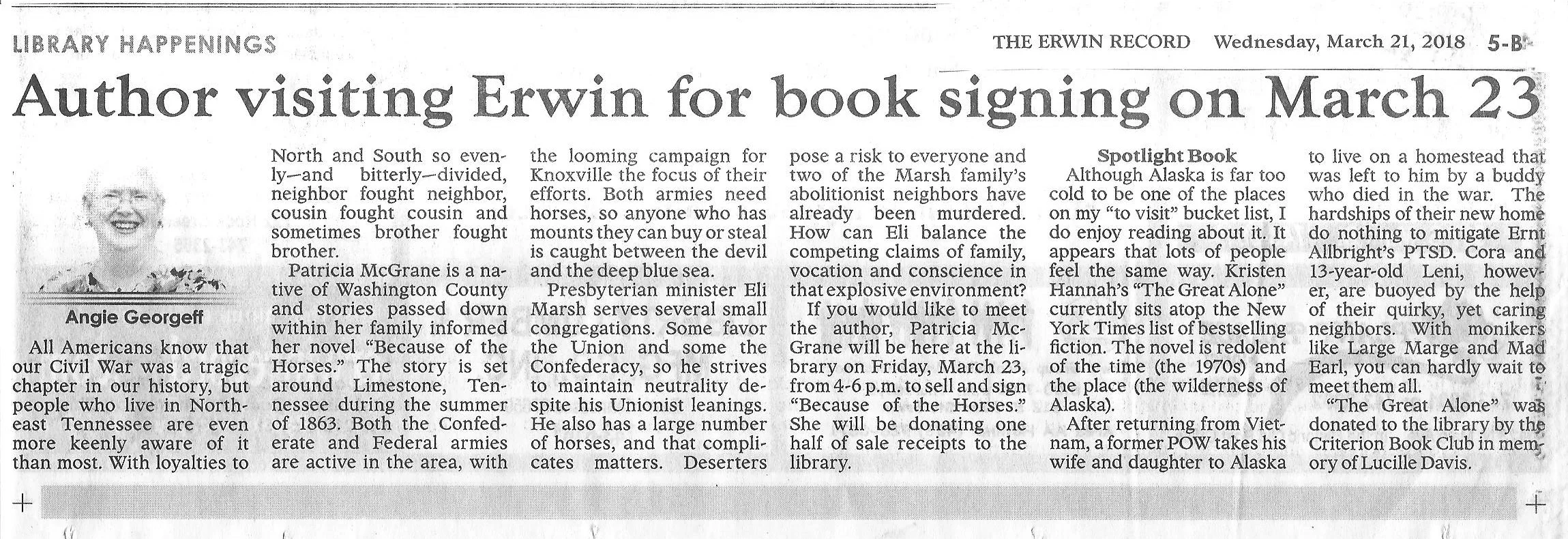 Press & Book Review: The Erwin Record, March 21, 2018 by Angie Georgeff