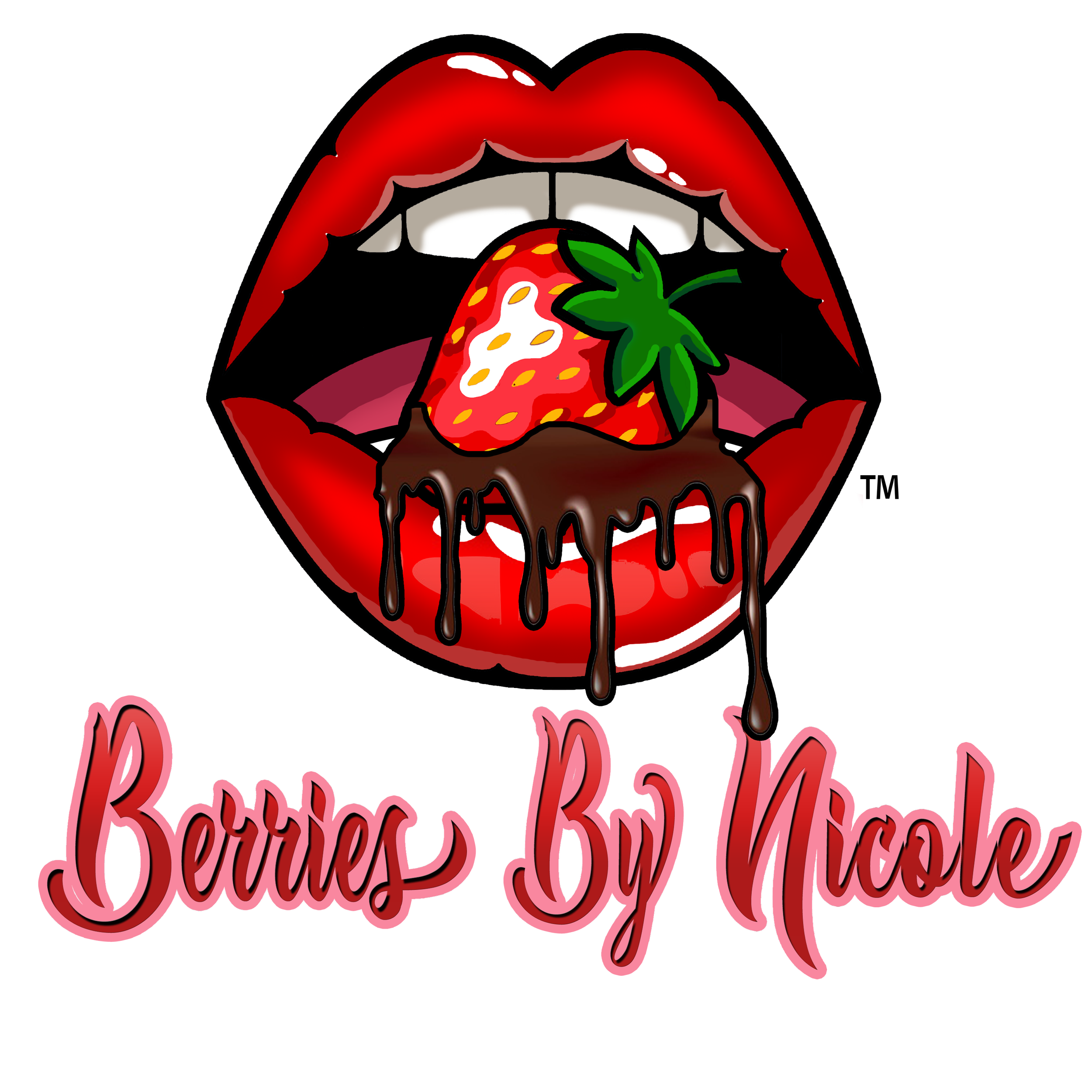Graphic illustration of red lips with an open mouth holding a strawberry covered in chocolate, with the text 'Berries By Nookie' beneath.