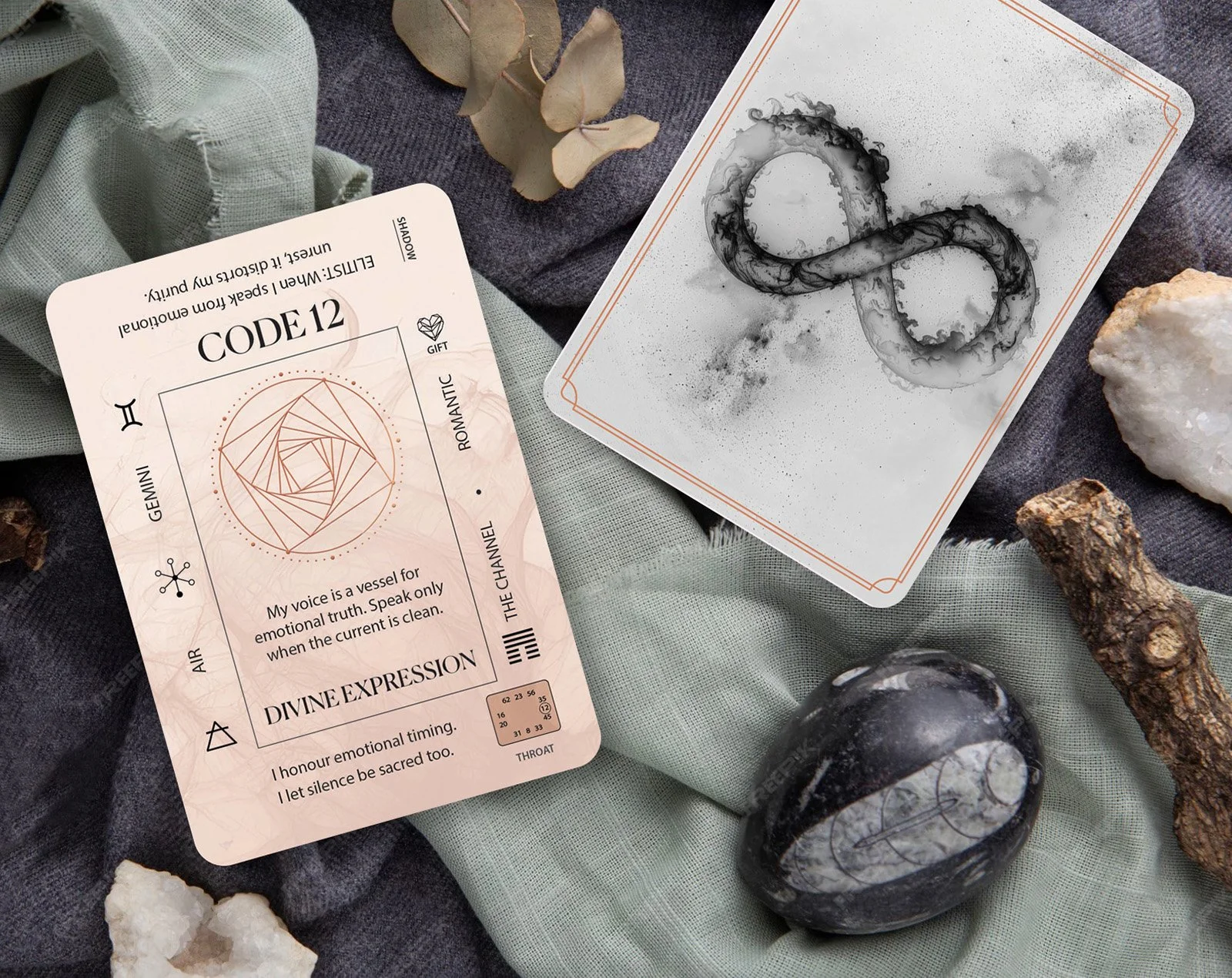 Soul Code 12 shown on a cloth with crystals