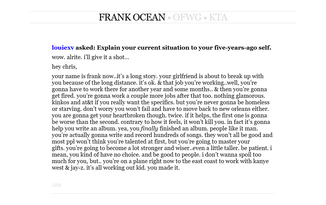 Tumblr post. FRANK OCEAN. OFWG. KTA. LINK.