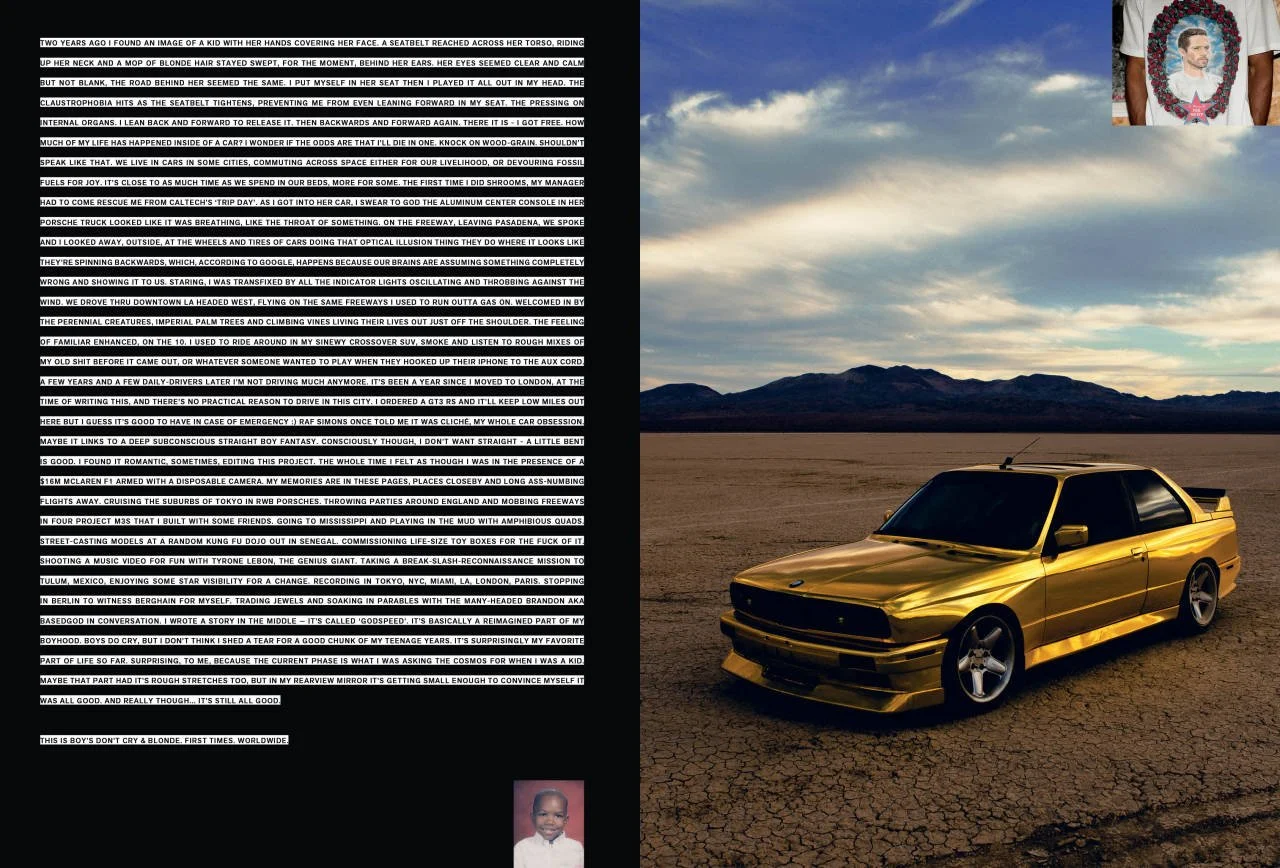 Photo of Boys Don't Cry magazine pages, with prologue letter and picture of a golden BMW M3 E30 in the desert.