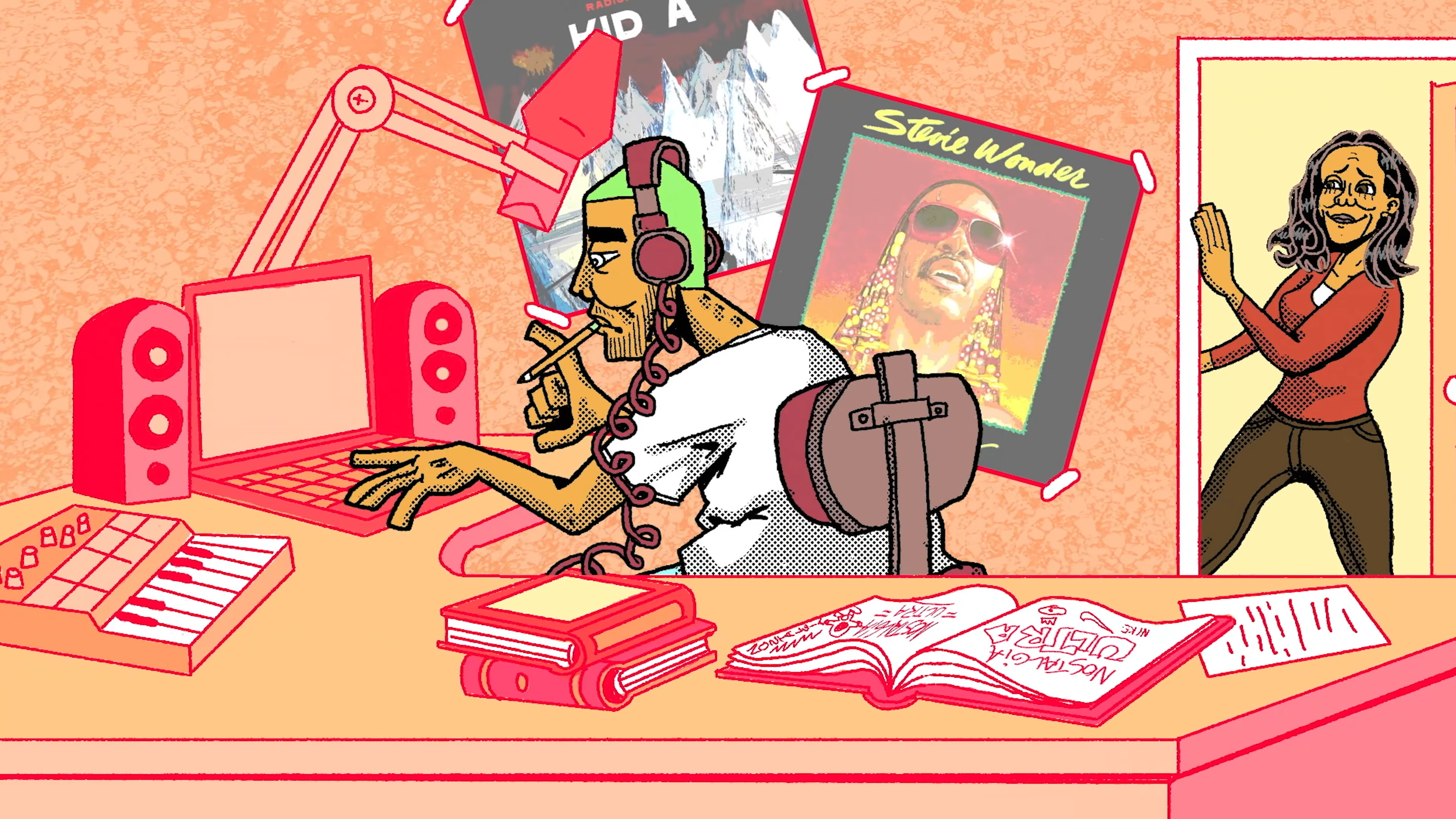 A cartoon of Frank Ocean in his room, wearing headphones, in front of a computer and books on his desk. A poster of Stevie Wonder hangs on his wall. His mom, Katonya Breaux, is looking at him as she stands in a doorway in the background.