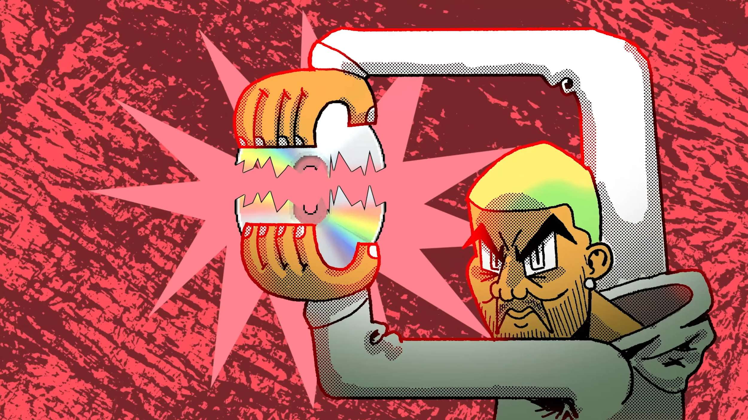 A cartoon of Frank Ocean breaking a CD in half.