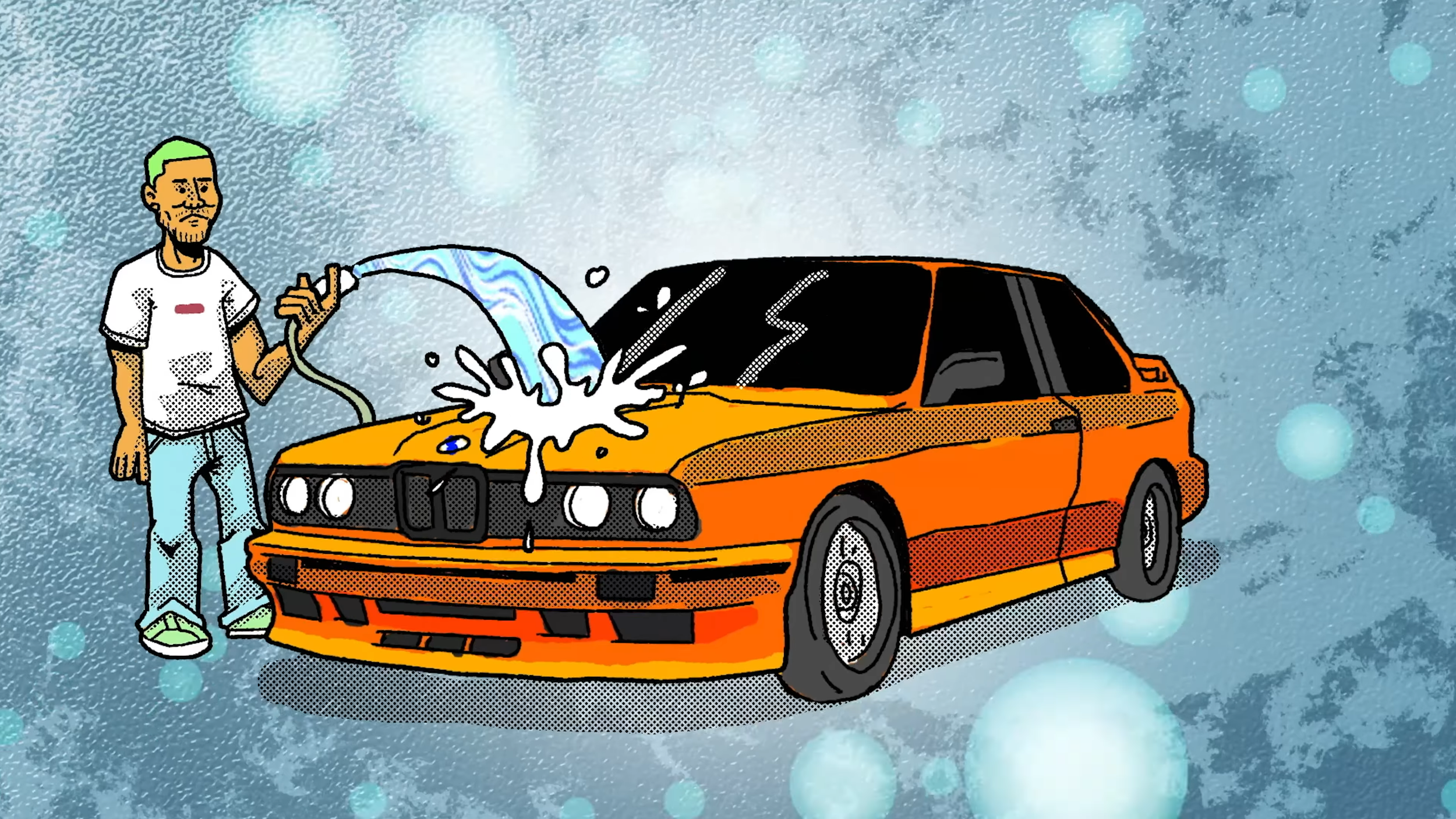 A cartoon of Frank Ocean washing a fire orange BMW M3 E30, circa 1989, as seen on the cover of nostalgia, ULTRA.