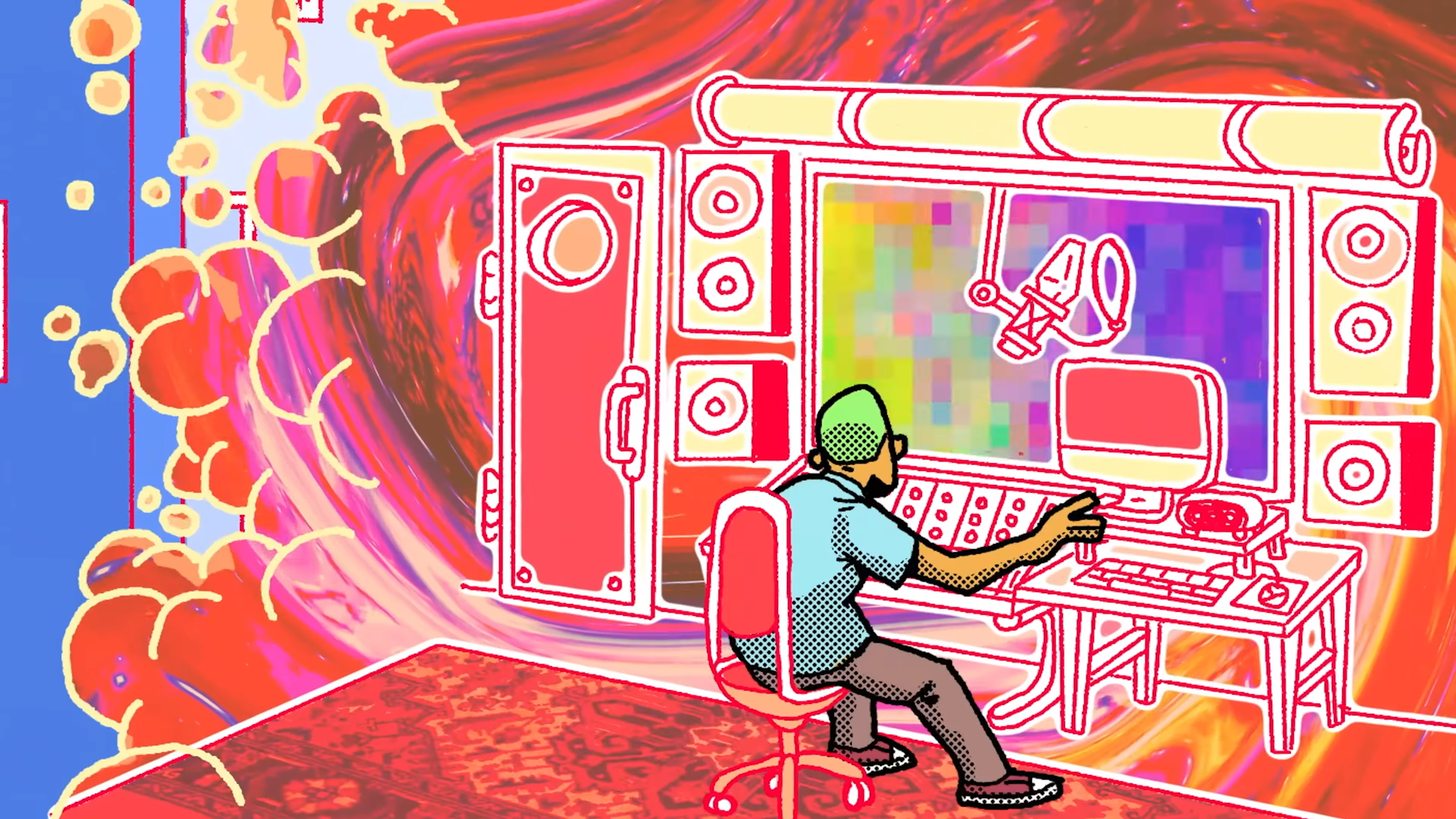 A psychedelic illustration of Frank Ocean inside a recording studio.