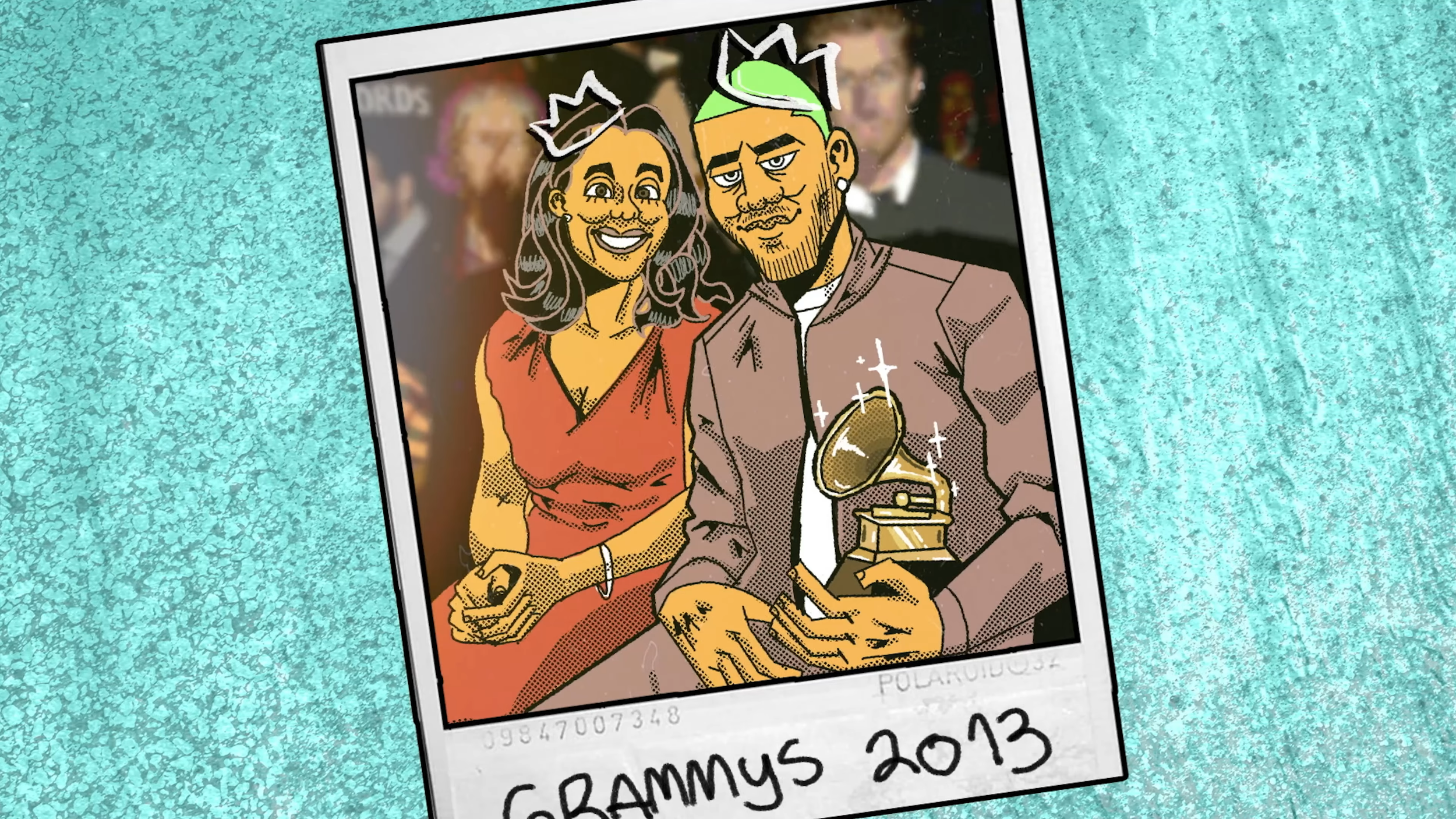 A cartoon of a Polaroid film photo showing Katonya Breaux and Frank Ocean, who is holding a golden Grammy Award in his hand, at the 55th Annual Grammy Awards.