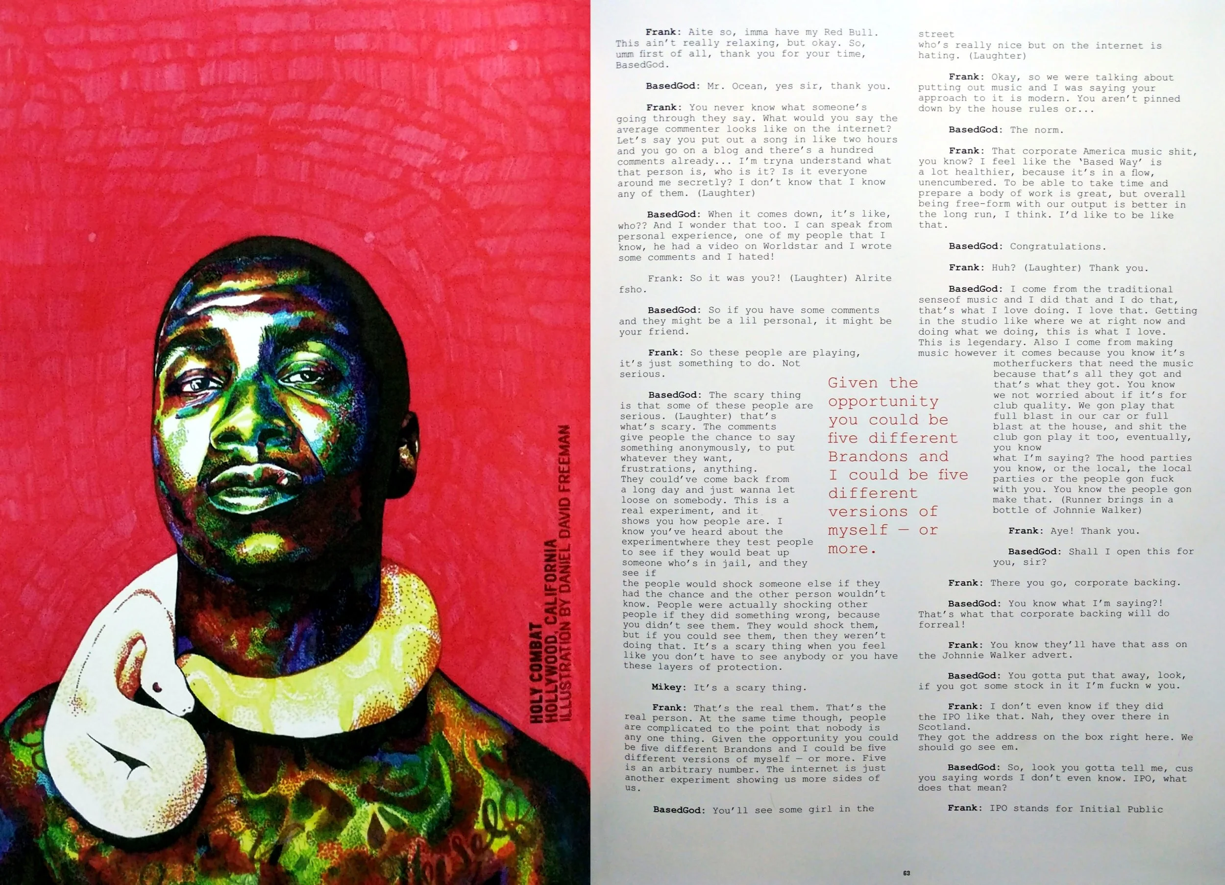 Paint illustration of Lil B the Based God with a white and brown boa or python around his neck and a white page with a black Courier typeface.