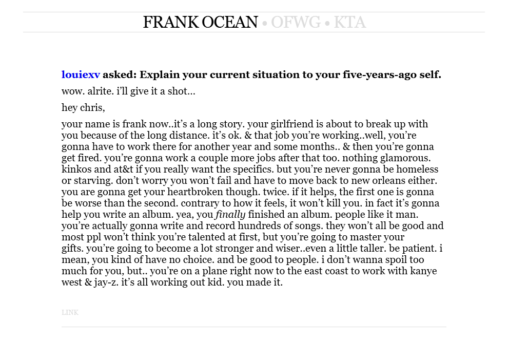 Frank Ocean writes letter to his 18-year-old self on Tumblr