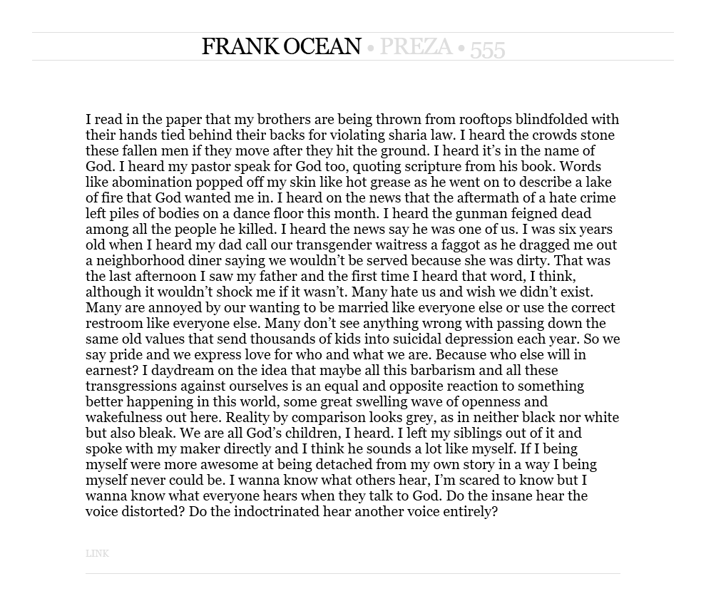 Frank Ocean responds to Orlando’s Pulse nightclub shooting in Tumblr open letter