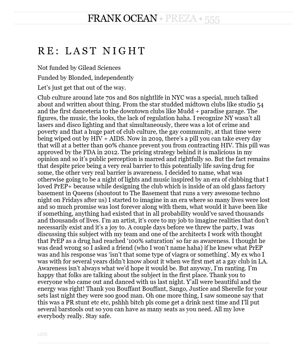 Frank Ocean clarifies ‘PrEP+’ event name, funding