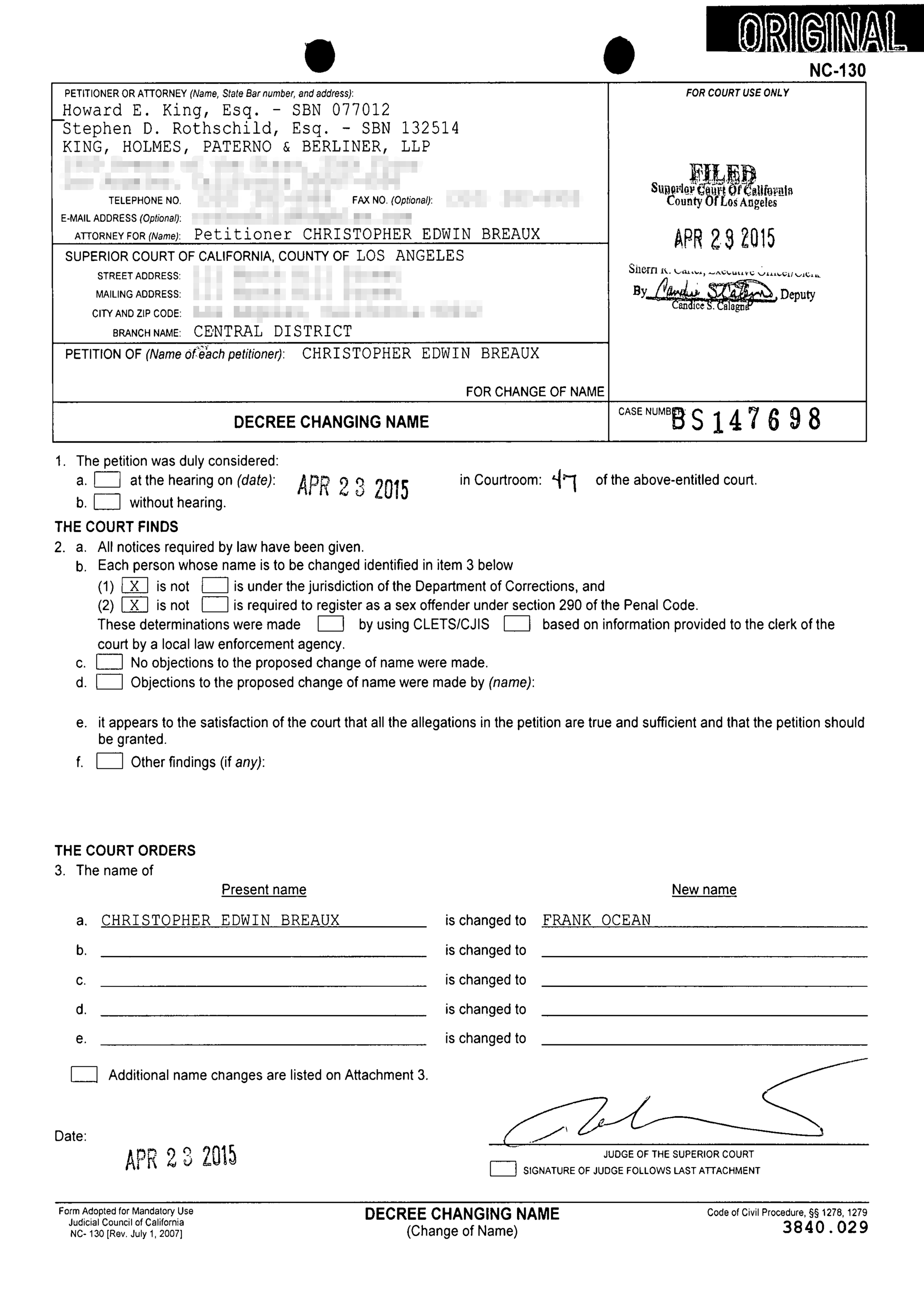 Frank&nbsp;Ocean legally changes his name to Frank&nbsp;Ocean