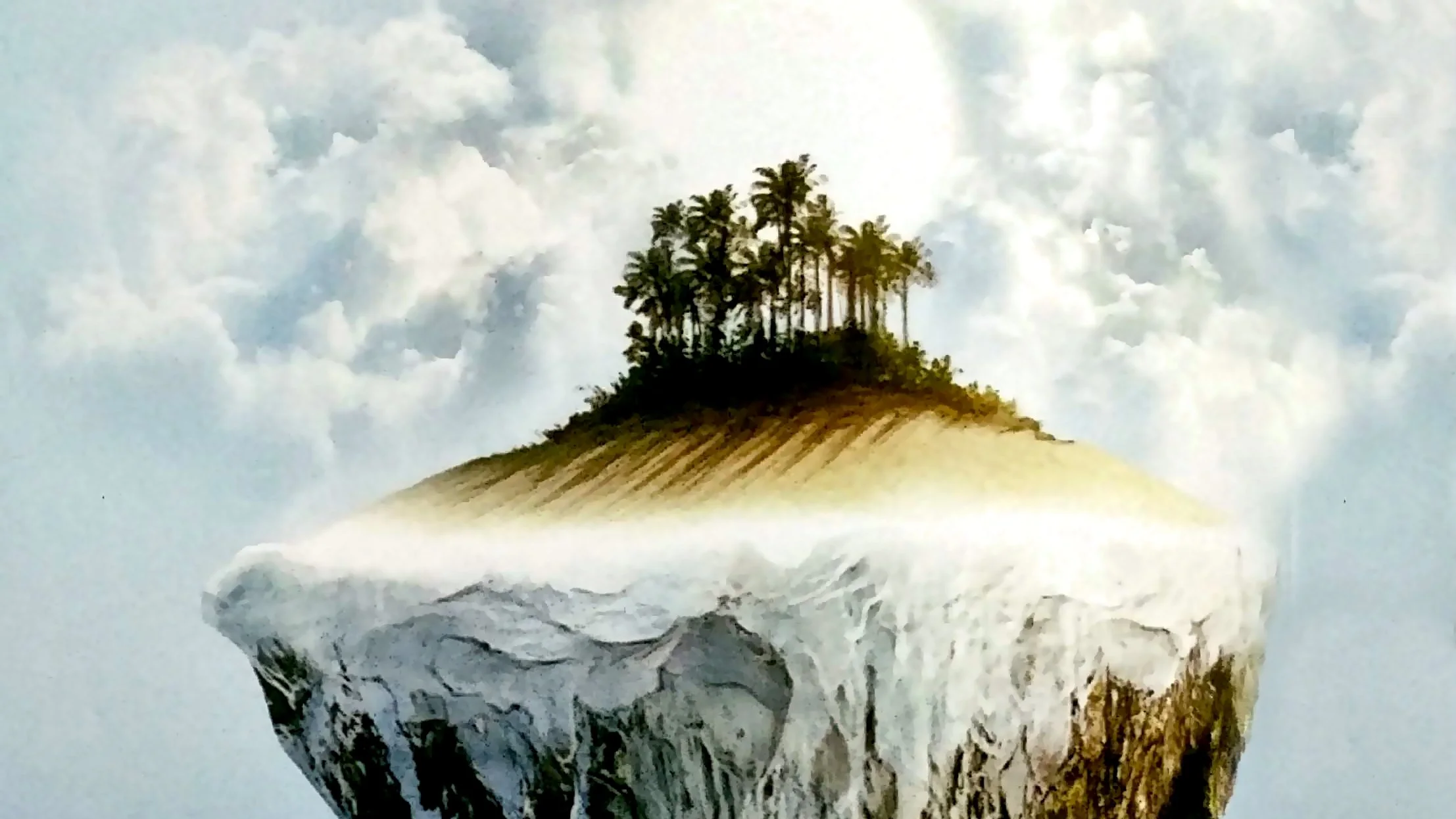 Image of a floating icy rock in the sky, with the sun rising out of the clouds and through a group on palm trees, grass, and sand on the island.