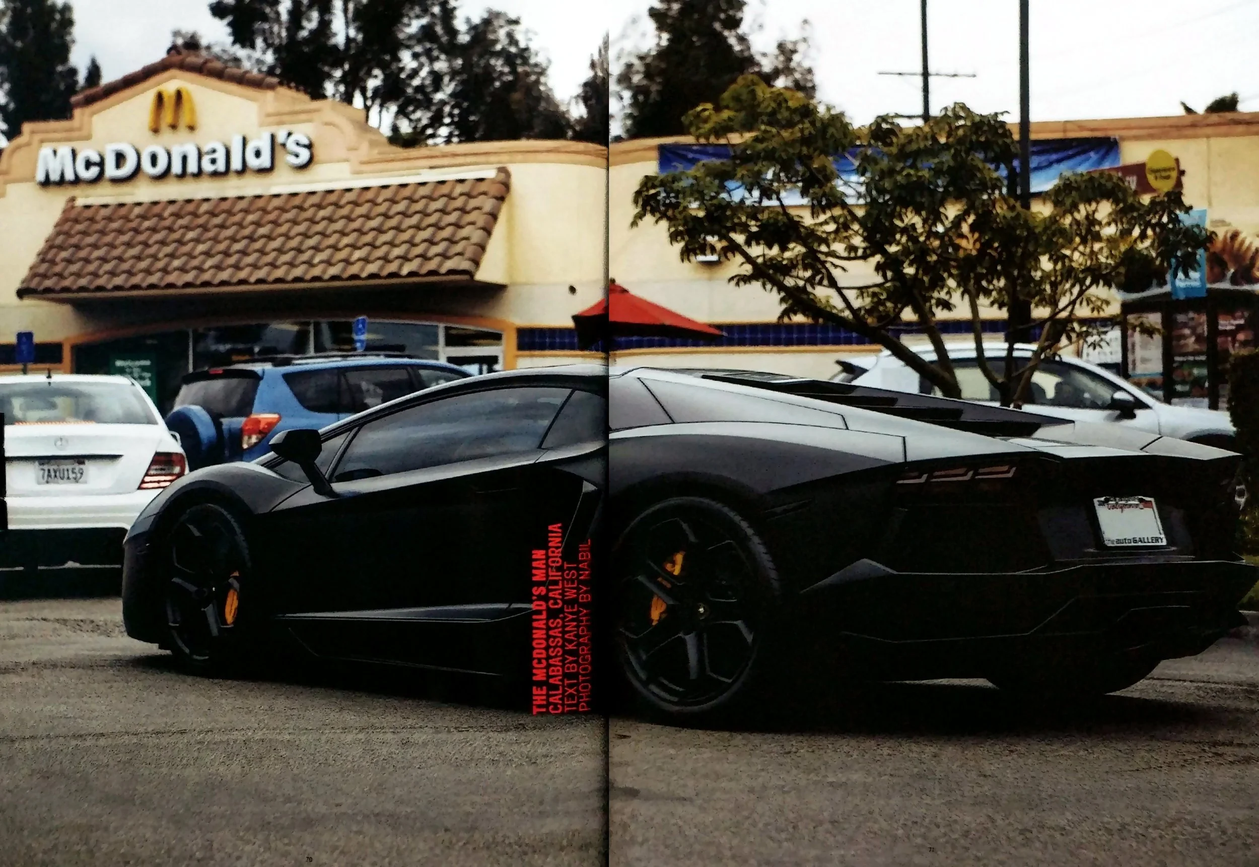 Back sports car in front of a McDonald's store front.
