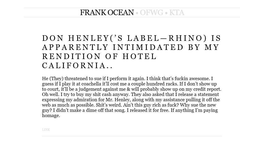 Tumblr post about Don Henley of The Eagles by @frankocean. FRANK OCEAN. OFWG. KTA. LINK.