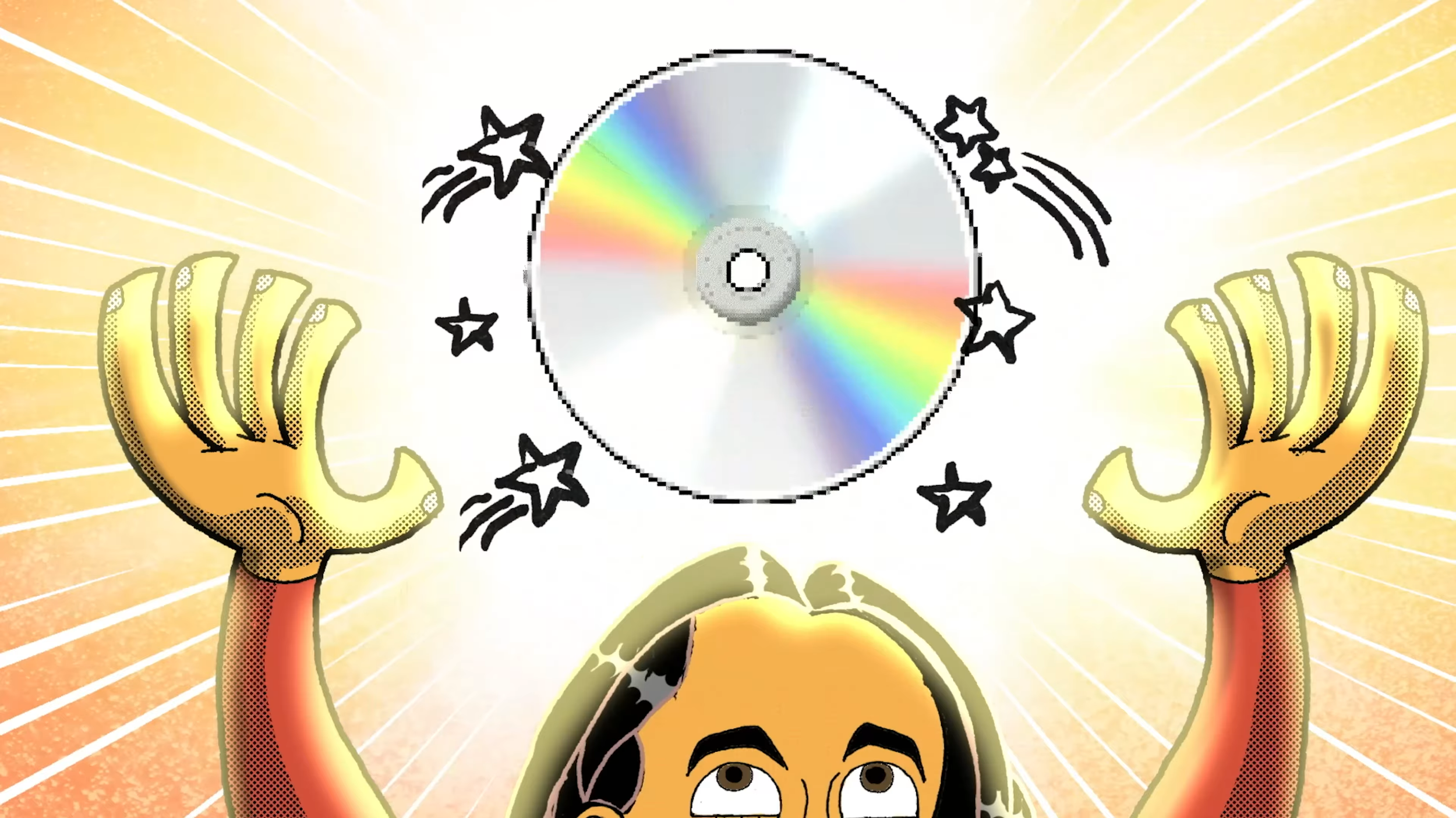A cartoon of Katonya Breaux holding up her hands toward a floating CD.