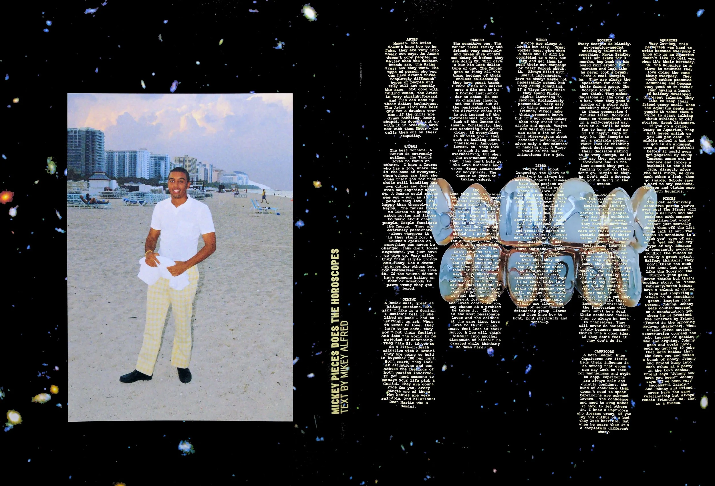 Image of Mikey Alfred on a beach. Space themed background with galaxies and stars. An illustration of teeth with gold grills. Text in white, yellow Courier font.