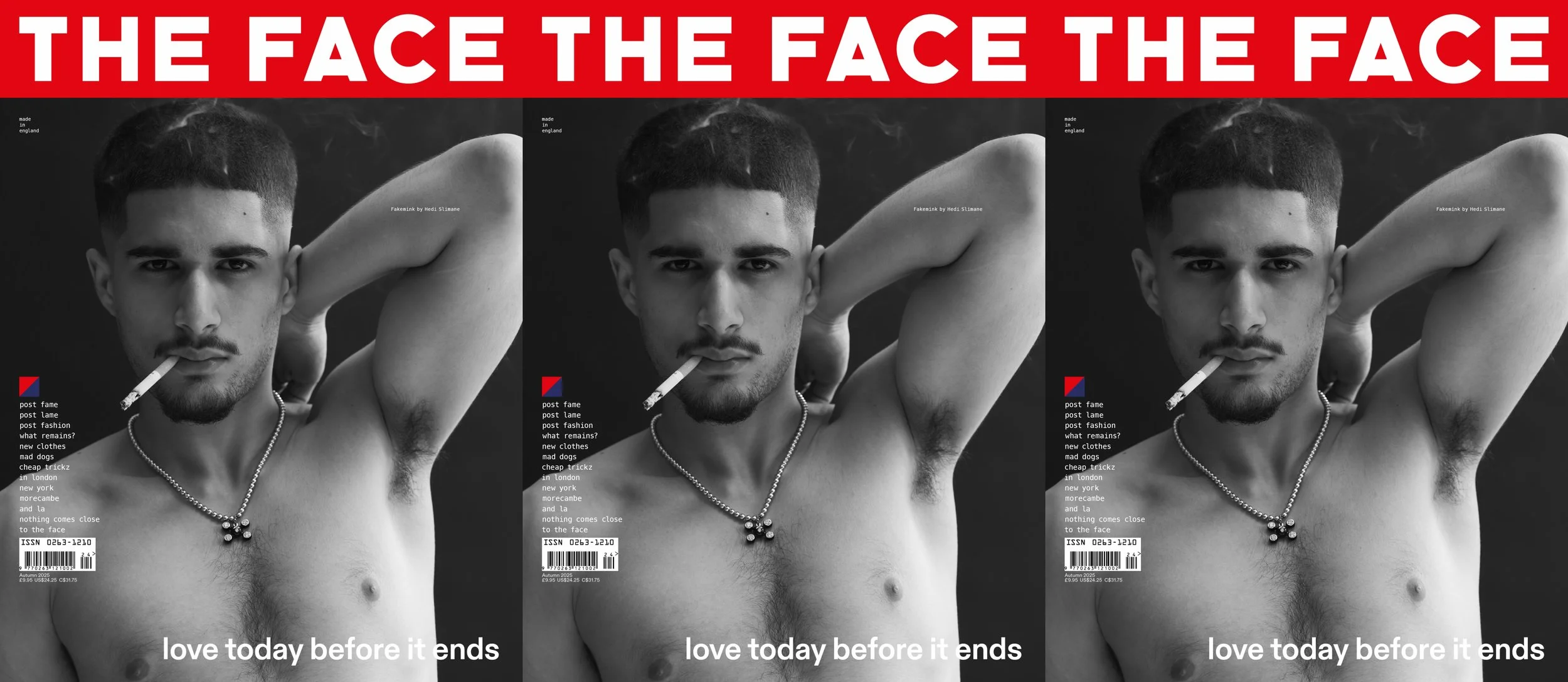 The Face magazine cover with Fakemink, shirtless, smoking a cigarette, with one arm up and over his back, and a diamond studded necklace.