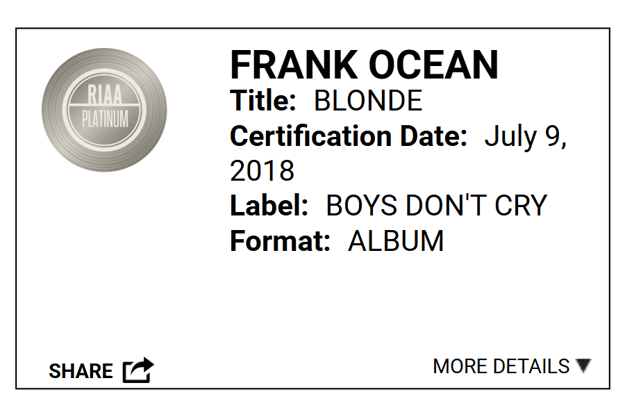 ‘Blonde’ certified RIAA platinum