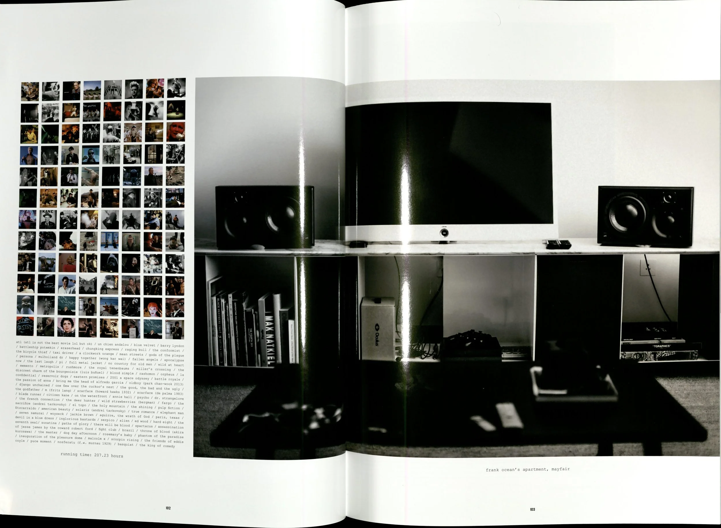 Movie posters, list of movies, and photo of Frank Ocean's apartment.