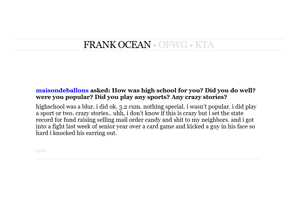 Frank Ocean talks about his high school experience in Tumblr Q&amp;A