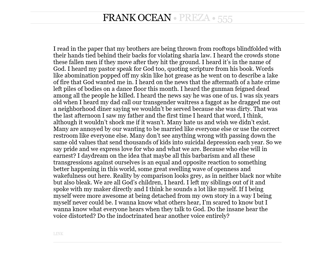 Tumblr post. FRANK OCEAN. PREZA. 555. LINK.