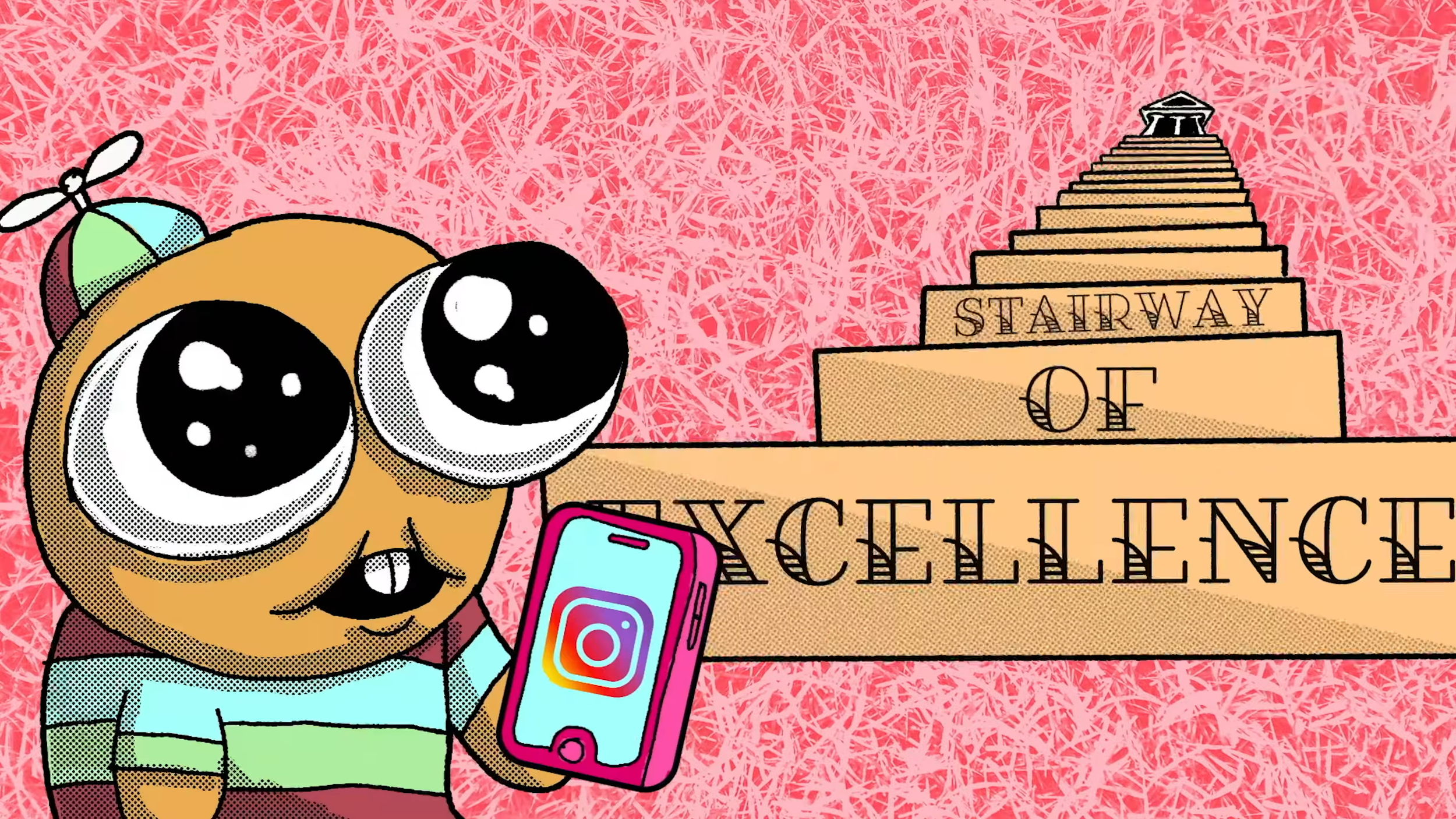A cartoon of a wide eyed child with a windmill spinning hat and a cell phone, viewing Instagram, in front of a Stairway of Excellence.