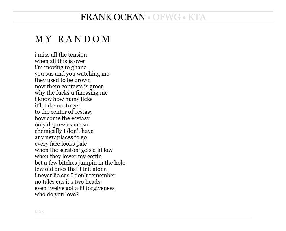Frank Ocean publishes new poem “My Random”