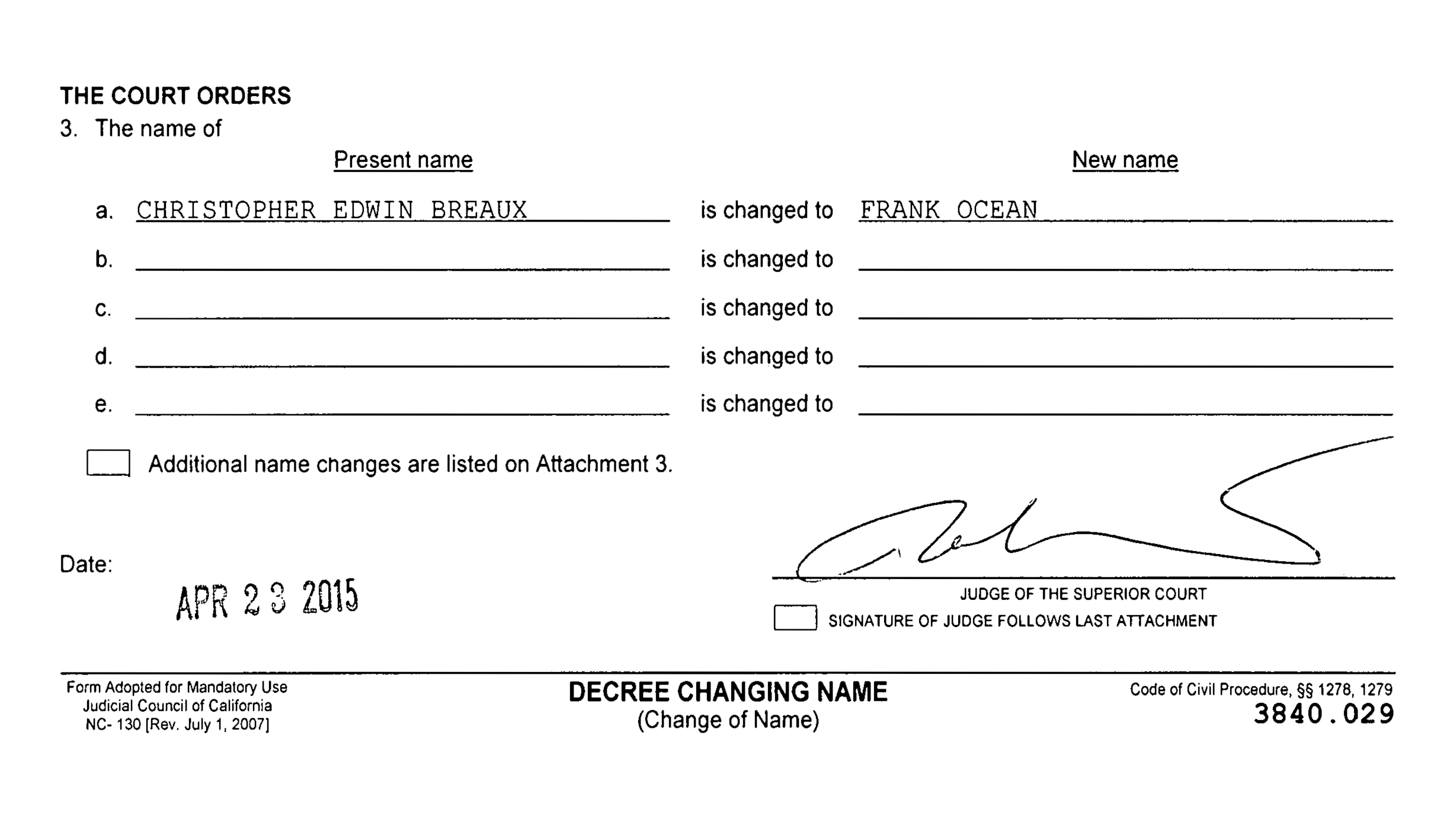 Scan of court documents showing Frank Ocean's decree changing name, signed by a judge.