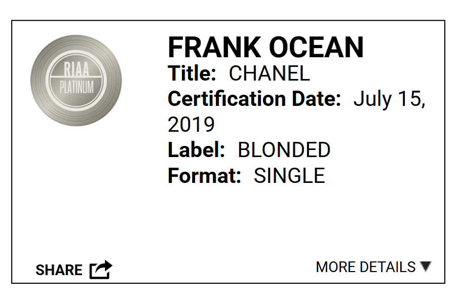 “Chanel” certified RIAA platinum