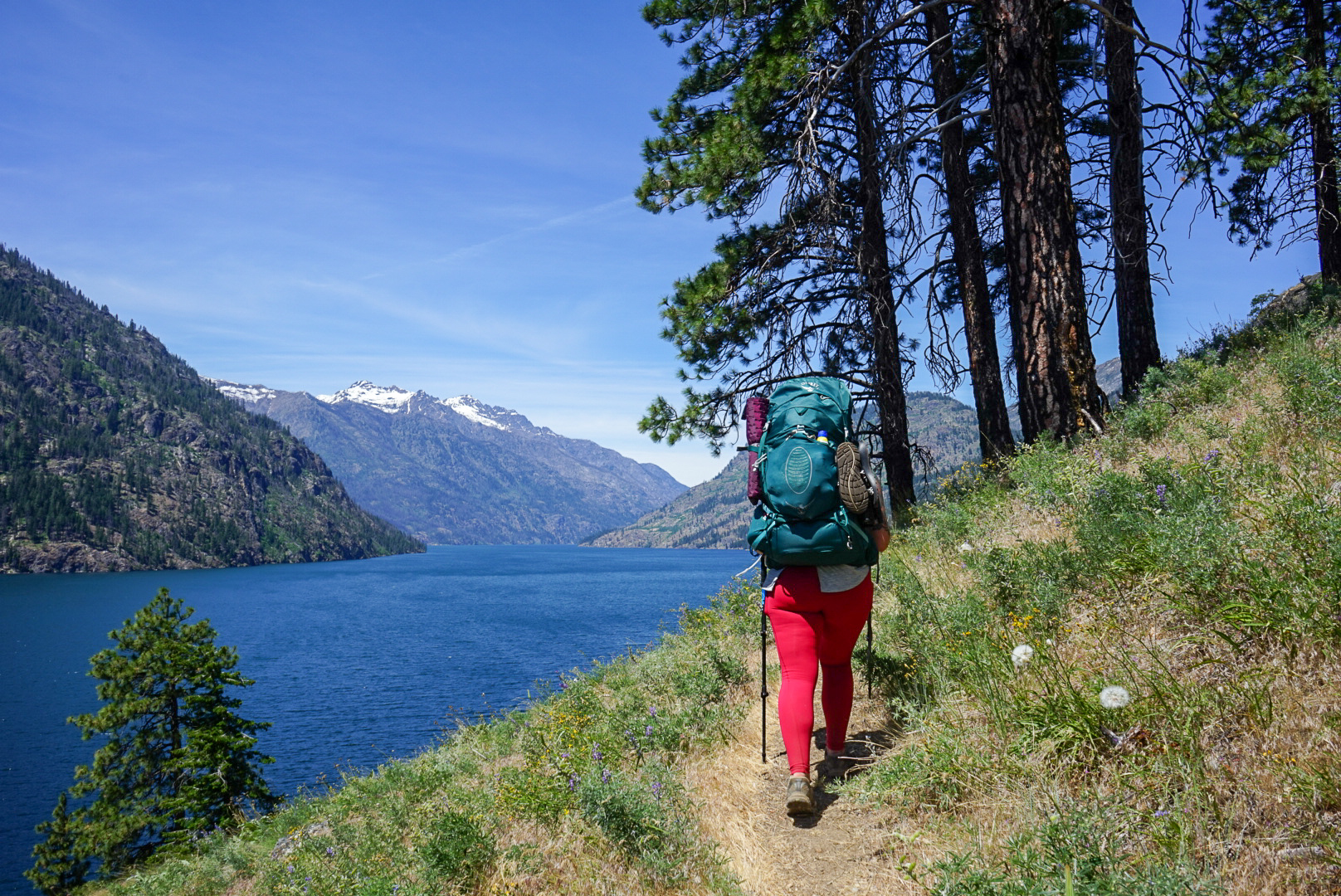 Hiking up the lake. Mountains coming into view.