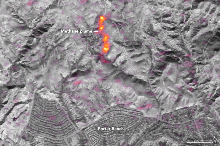 First invisible methane plume detected from space: 2016 Sempra Energy Aliso Canyon Disaster – but not published until later. Far bigger global warming impact than Deepwater Horizon. Photo: NASA Earth Observatory (via infrared spectrometer)