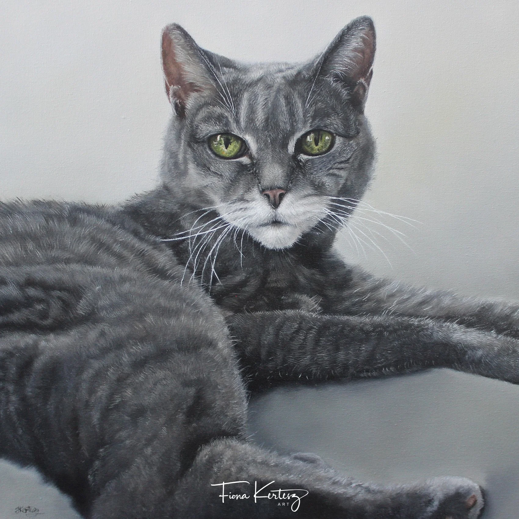 The finished oil painting, final highlights, whiskers and fluffing into the background