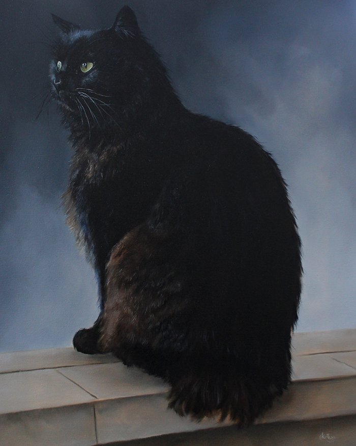 Oil painting of Bear, the black cat under stormy skies, alongside his testimonial.