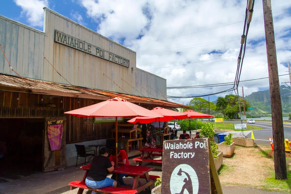 Waiahole Poi Factory for poi and Hawaiian food. Try the Sweet Lady of Waiahole desssert! https://www.waiaholepoifactory.com/