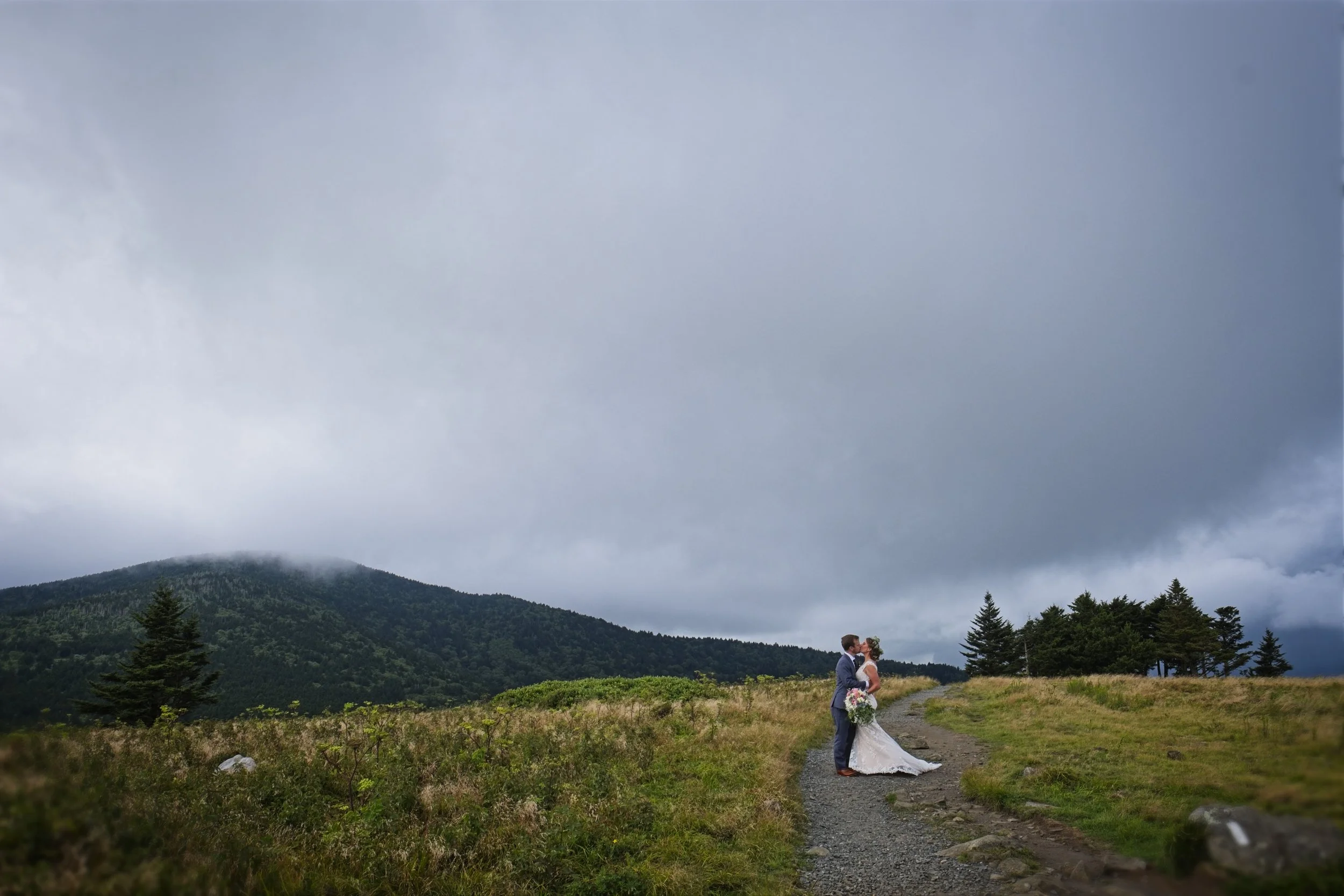 A couple in wedding attire sharing a kiss in a scenic outdoor landscape with mountains, trees, and a cloudy sky.