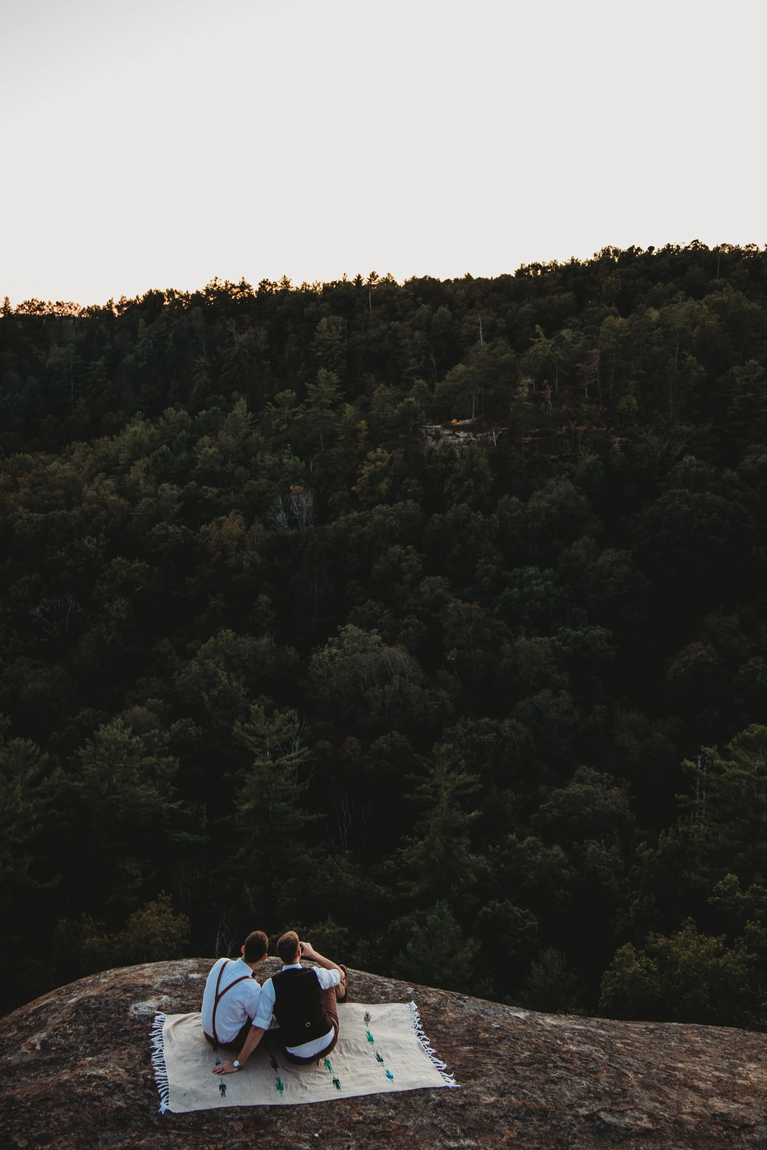 Two people sitting on a large rock, facing away from the camera, looking out over a lush green forest at sunset or sunrise.