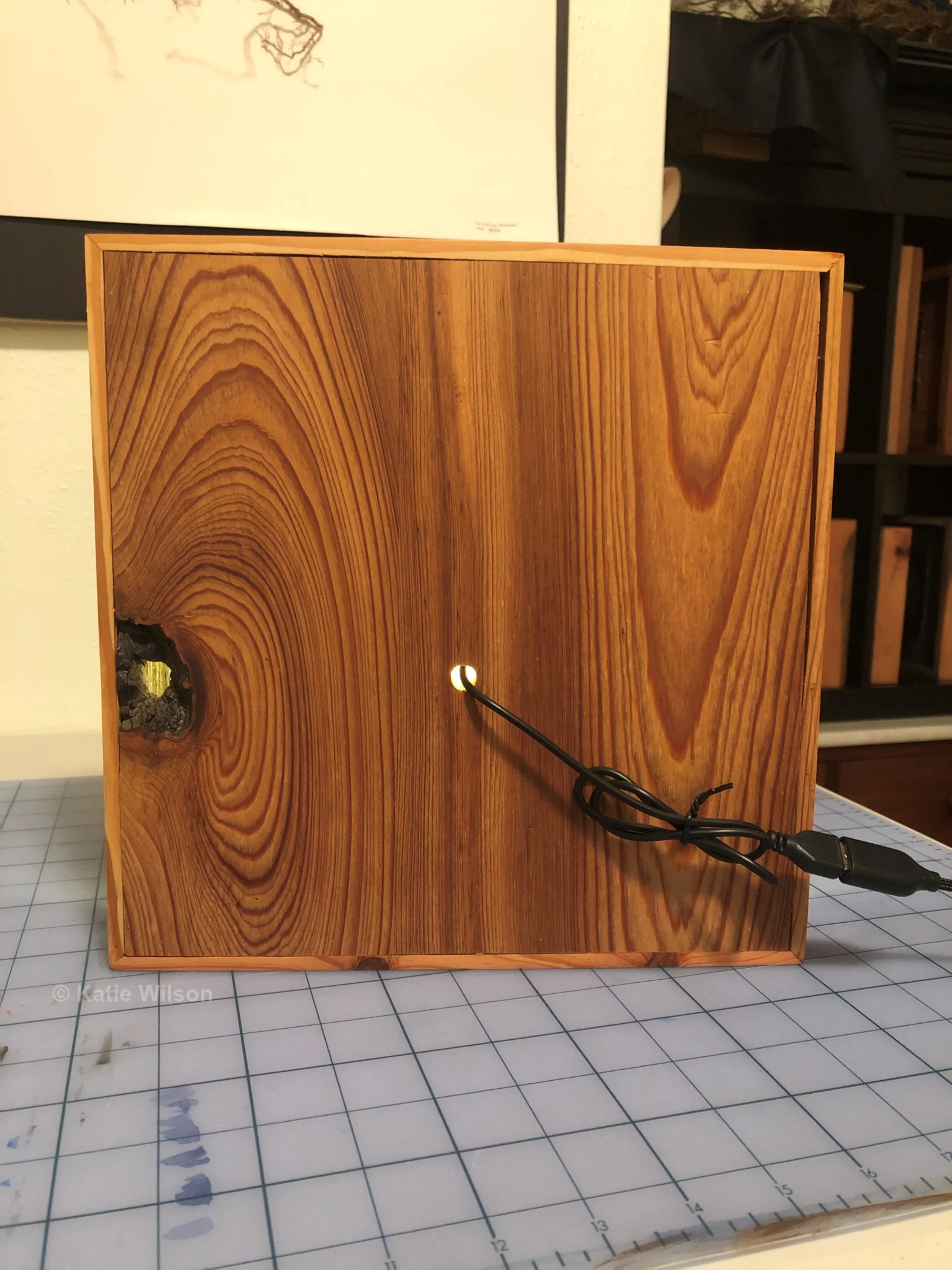 Example of finished piece in box (back, plugged in)