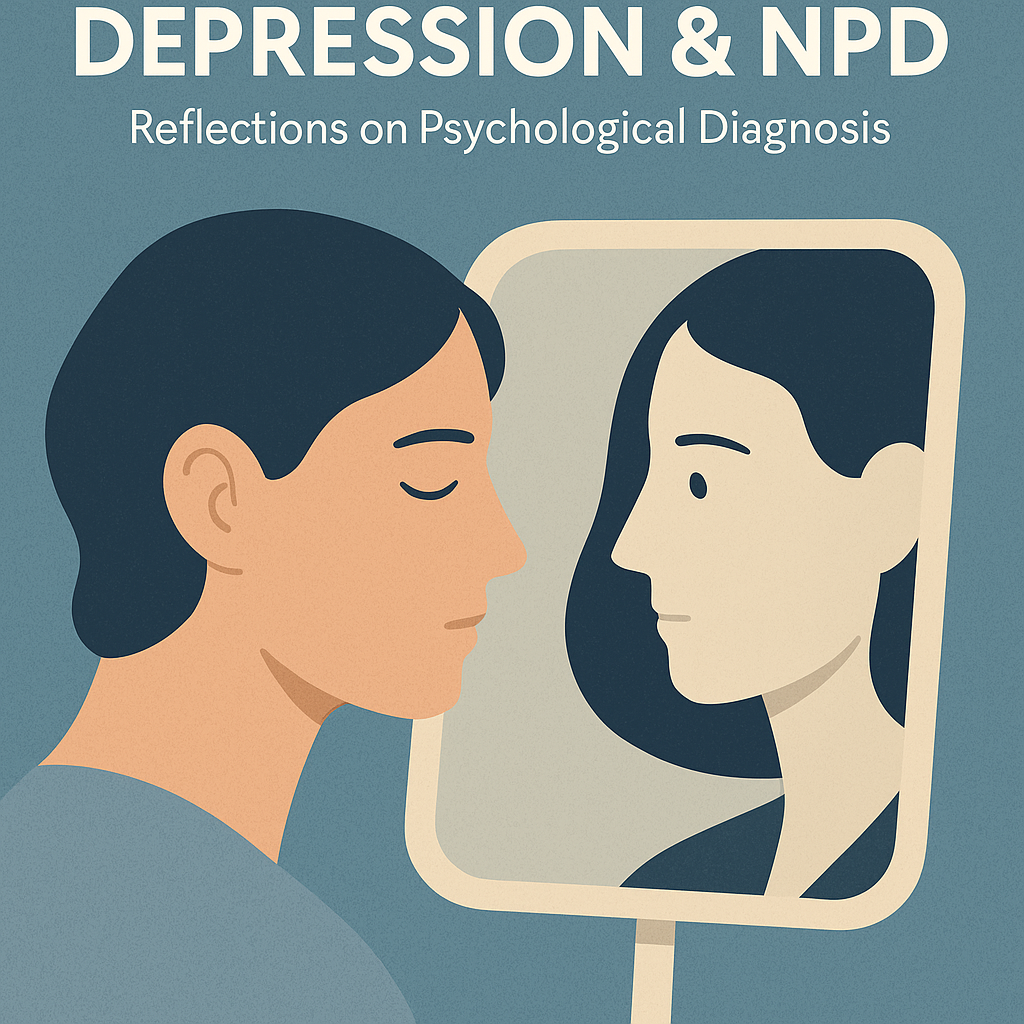A minimalist digital illustration of two faces reflected in a mirror, symbolizing self-awareness and the complexity of psychological diagnosis