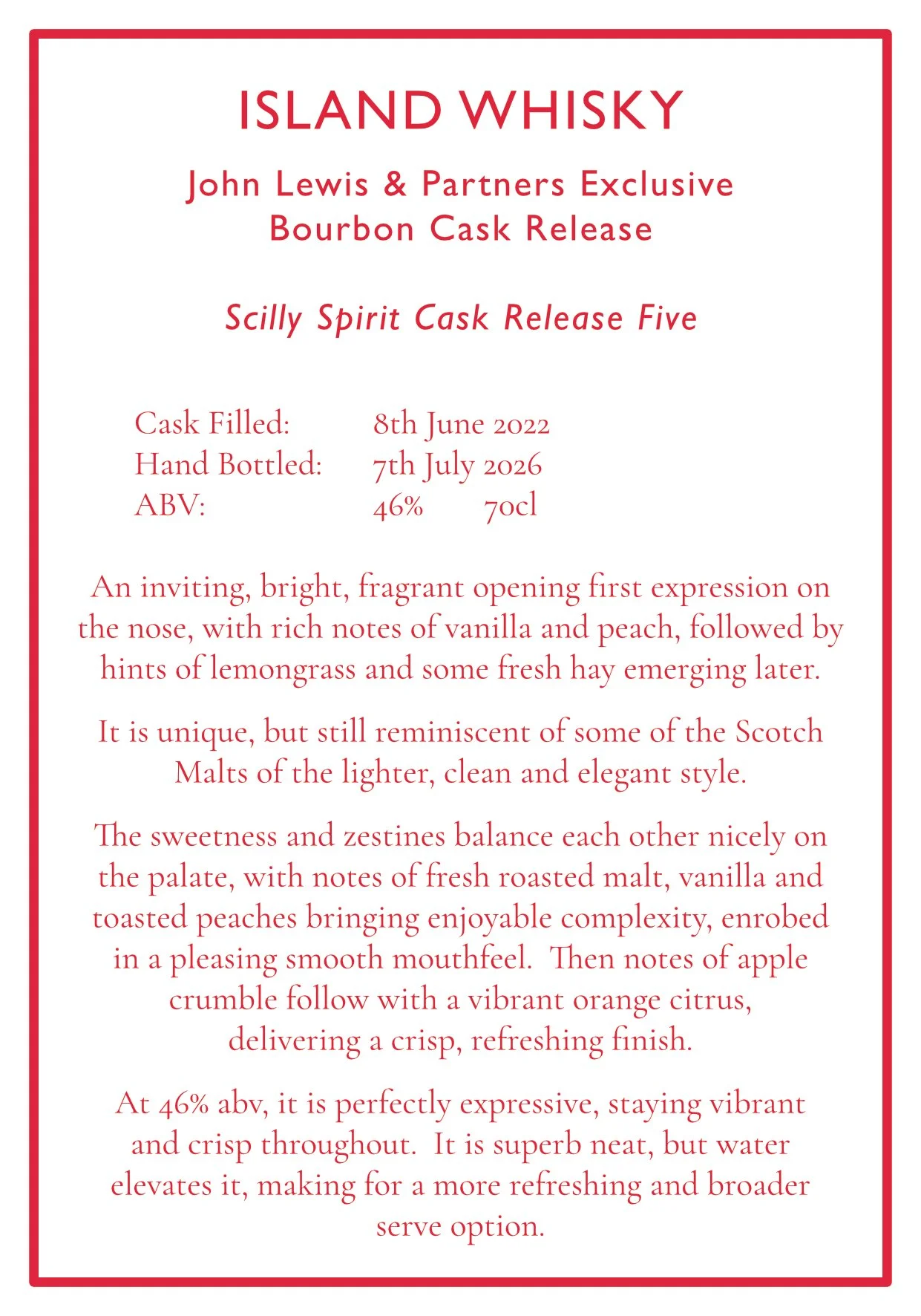 Tasting Card for John Lewis Exclusive Bourbon Cask