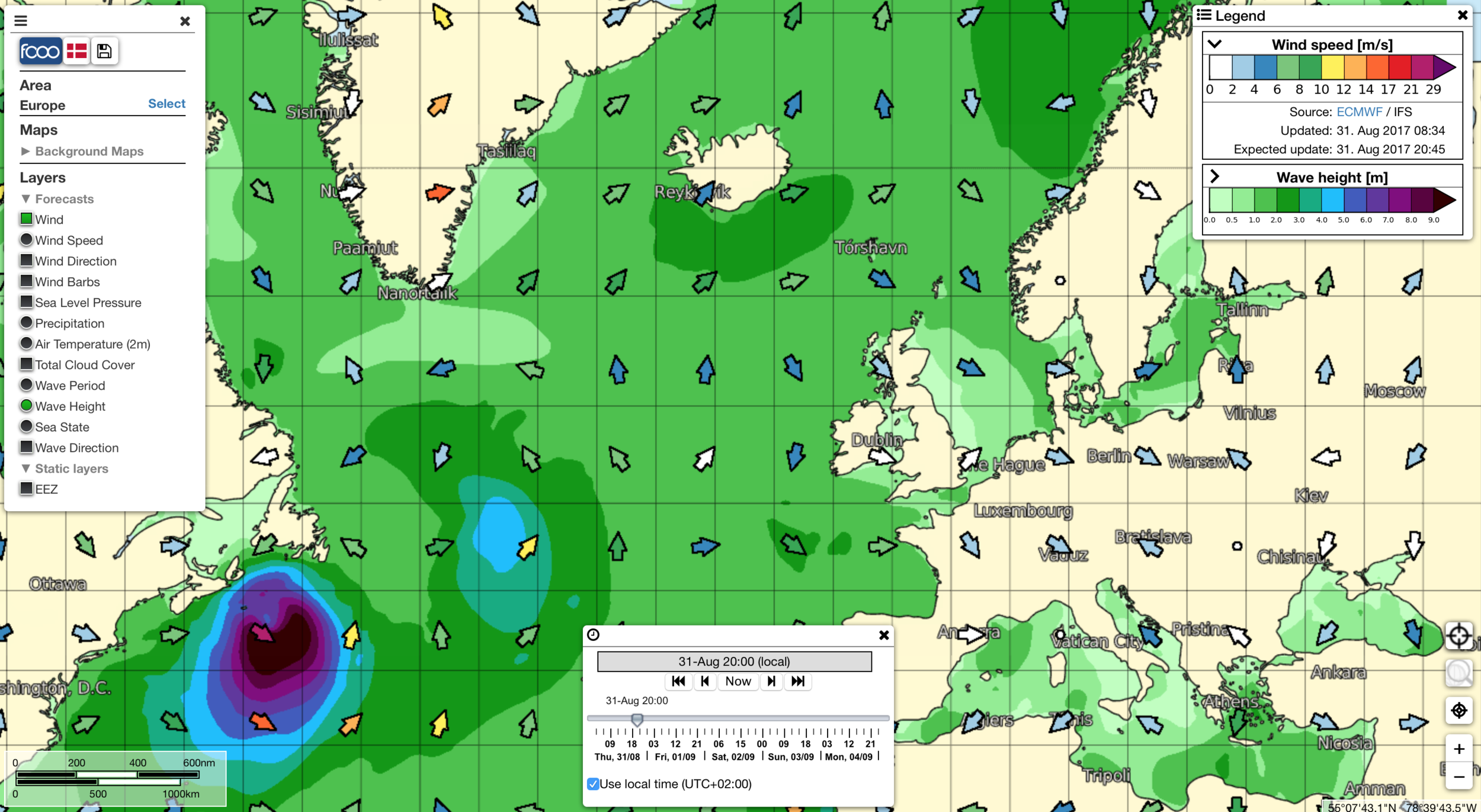 Screenshot from FCOO Marine Forecast. 