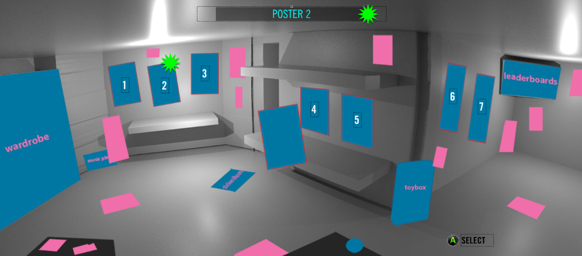 Below: The HUB at start and end of the game. As the game progresses, the room gets filled with unlocked items and achievements.