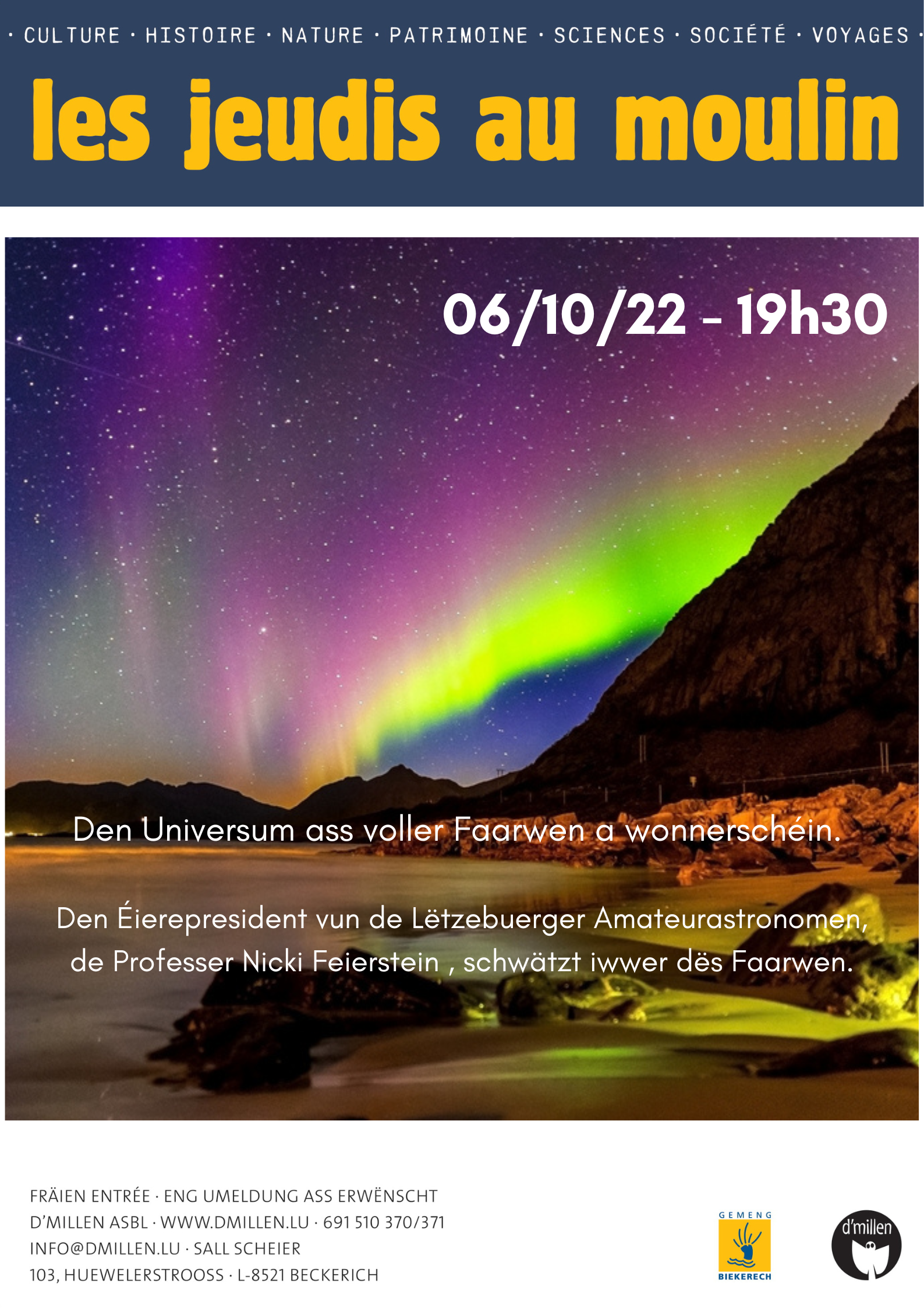 JAM (Jeudis au Moulin) : " Den Universum am Glanz vun de Faarwen" mam Nicolas Feierstein