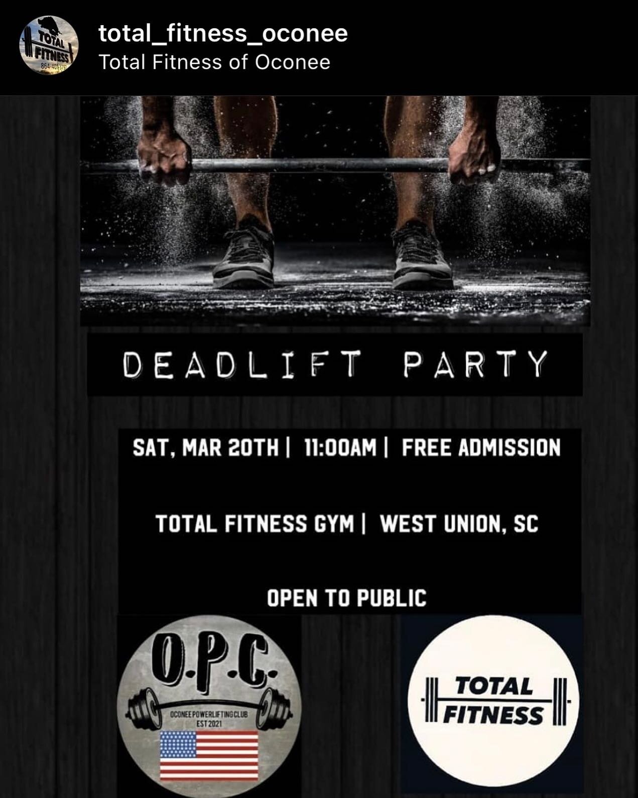 Come join us this Saturday for a fun deadlift party at @total_fitness_oconee 
- 
This event is FREE and they will have divisions for both men and women. Come compete with us for free or at least come watch and support the awesome atmosphere 😁💪💯💯
