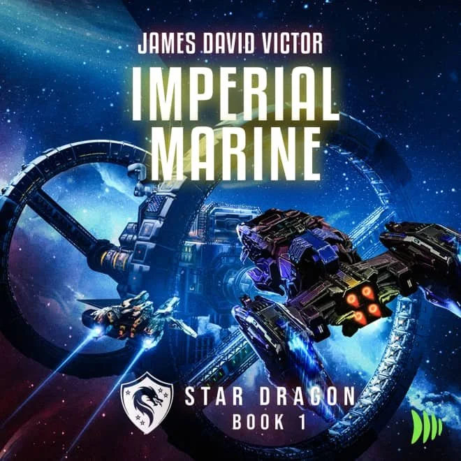 A spaceship approaches a space station in a sea of blue stars. The title reads "Imperial Marine". It is the first book in the Star Dragon series by James David Victor