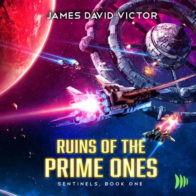 An imposing space battle tinted in blues and pinks. The title reads "Ruins of the Prime Ones". It is the first book in the Sentinels series, by James David Victor